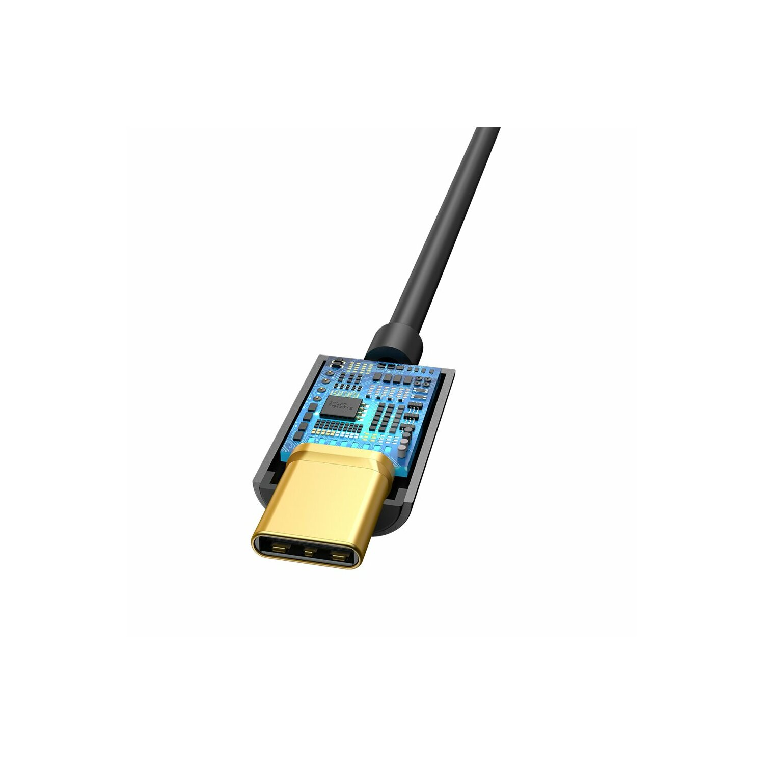 Kabel USB-C. Czarny kabel, złoty konektor. Widoczna niebieska płytka obwodu. Białe tło.