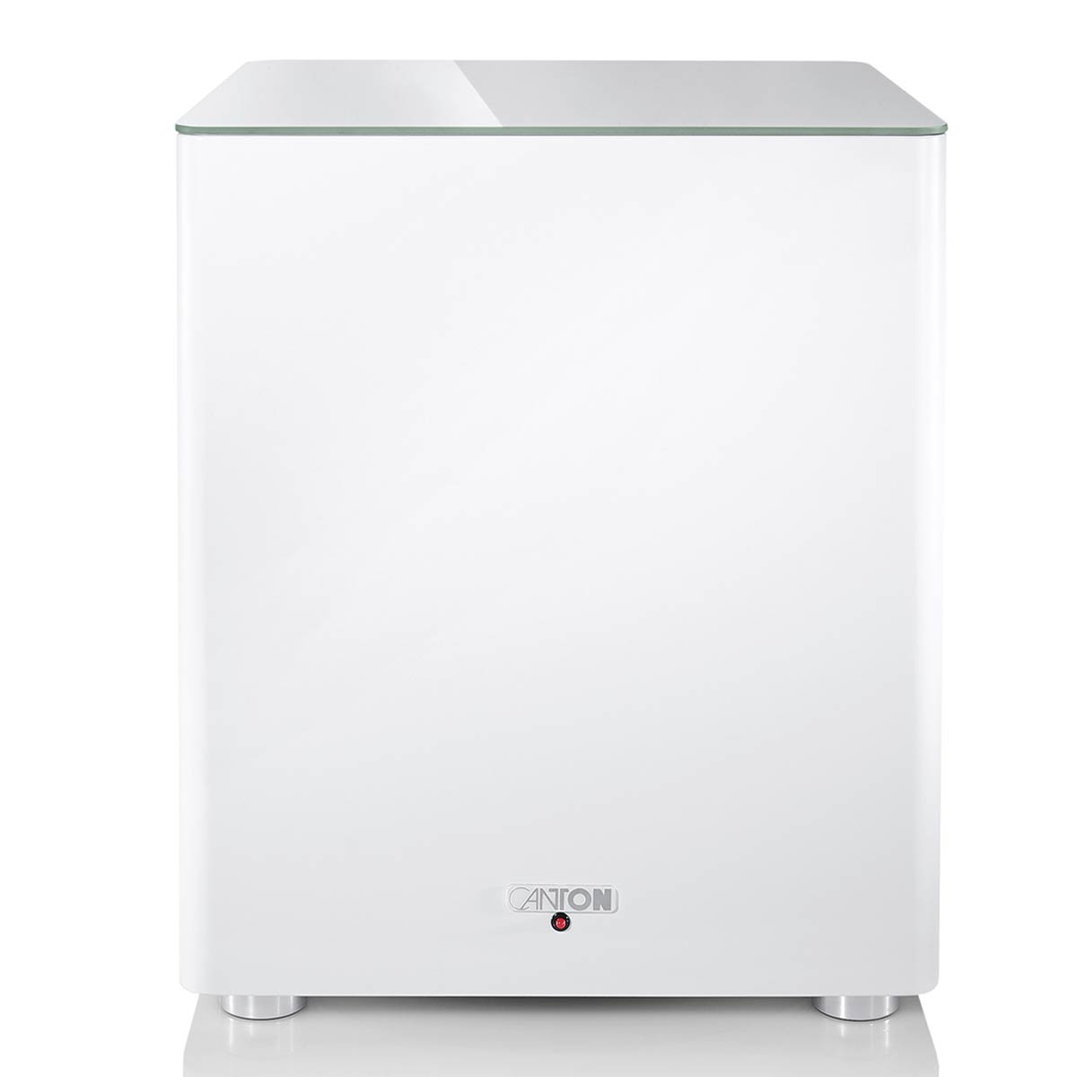 Weißer Subwoofer mit Glasplatte. Der Hintergrund ist weiß.