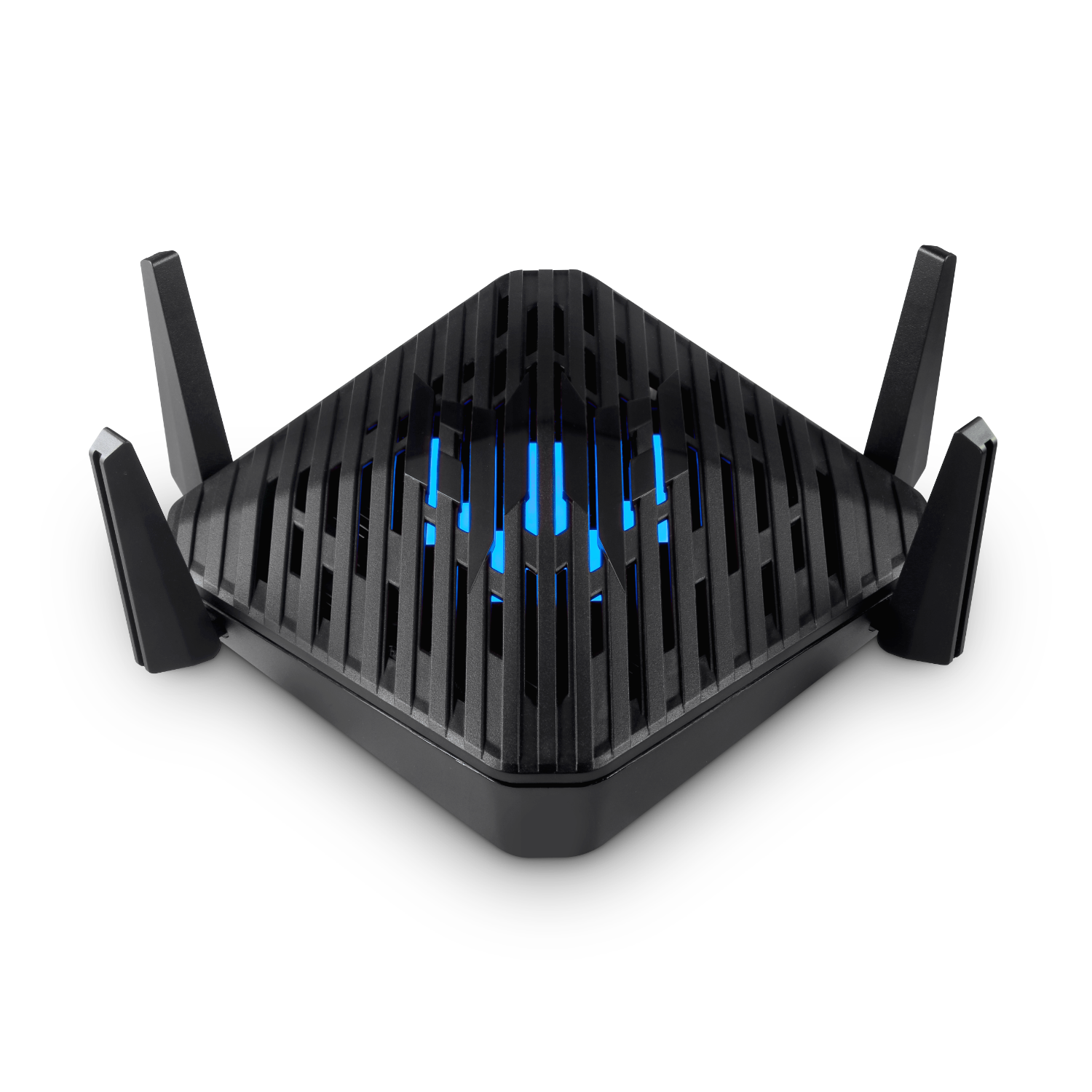 Czarny router z czterema antenami i niebieskim światłem pośrodku, na czarnym tle.