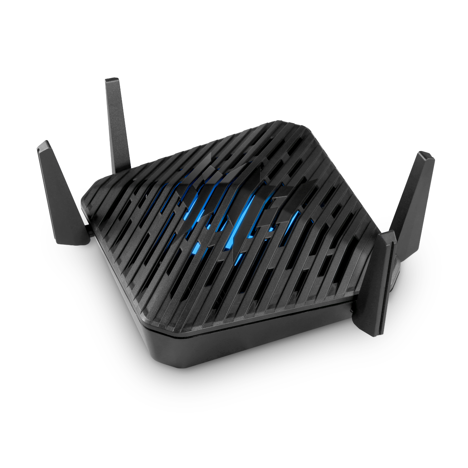 Czarny router z antenami, skośna konstrukcja, z niebieskimi światłami na górze, na czarnym tle.