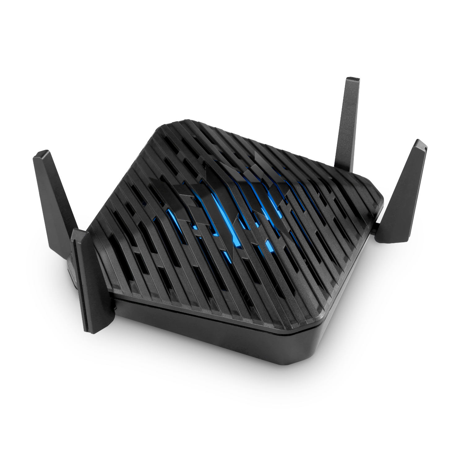 Czarny router z antenami i niebieskimi światłami na górze, widok z boku, na czarnym tle.