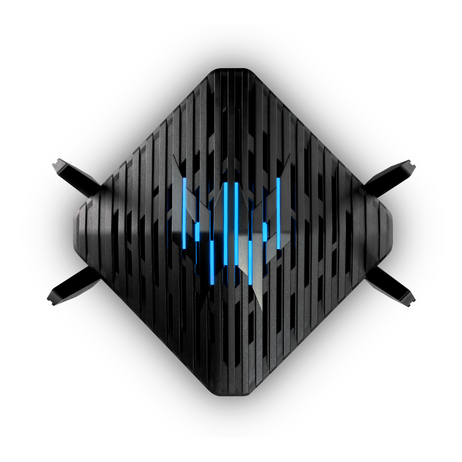 Czarne urządzenie z niebieskimi światłami i kształtem rombu.