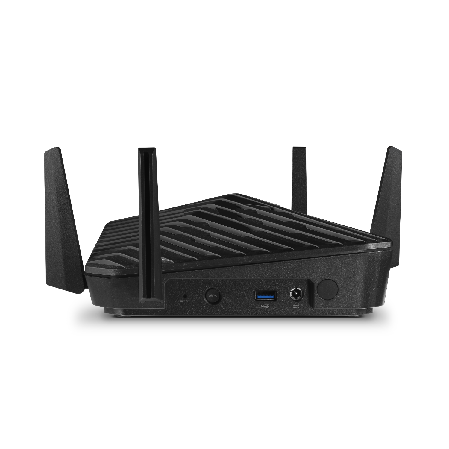 Czarny router z antenami. Tył ma porty i przyciski. Czarne tło.