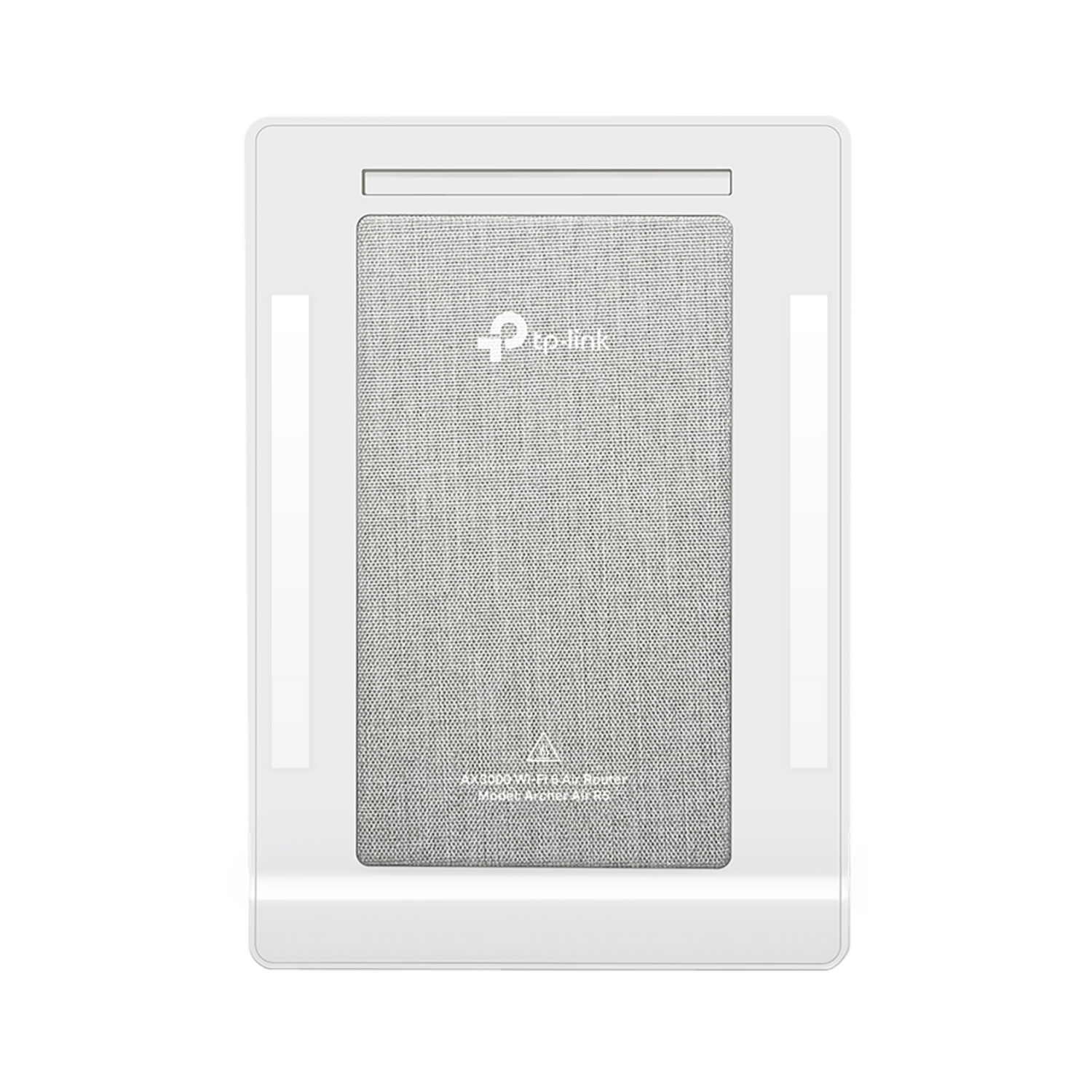 Białe urządzenie Tp-link z szarym, siatkowym środkiem na białej powierzchni.