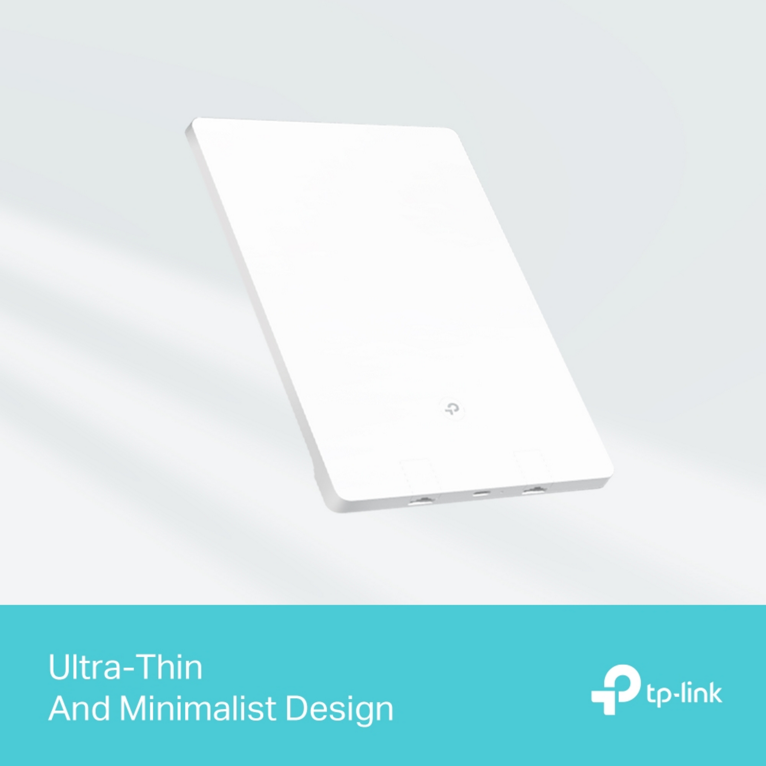 Białe urządzenie TP-Link, minimalistyczny design. Tekst mówi 'Ultra-Thin and Minimalist Design'.