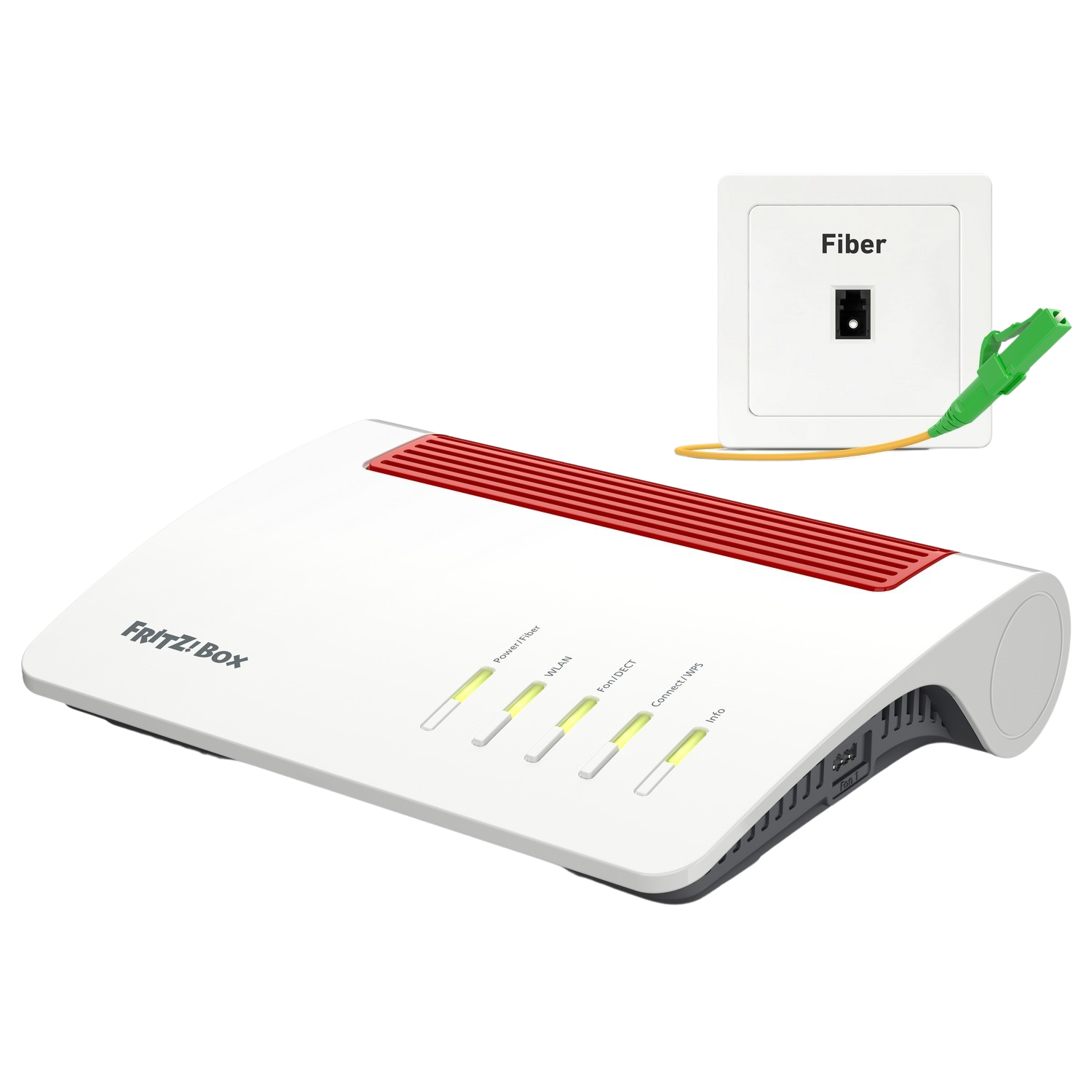 Een witte router met rode bovenkant, een glasvezelpoort en een adapter verbonden met een groene kabel.