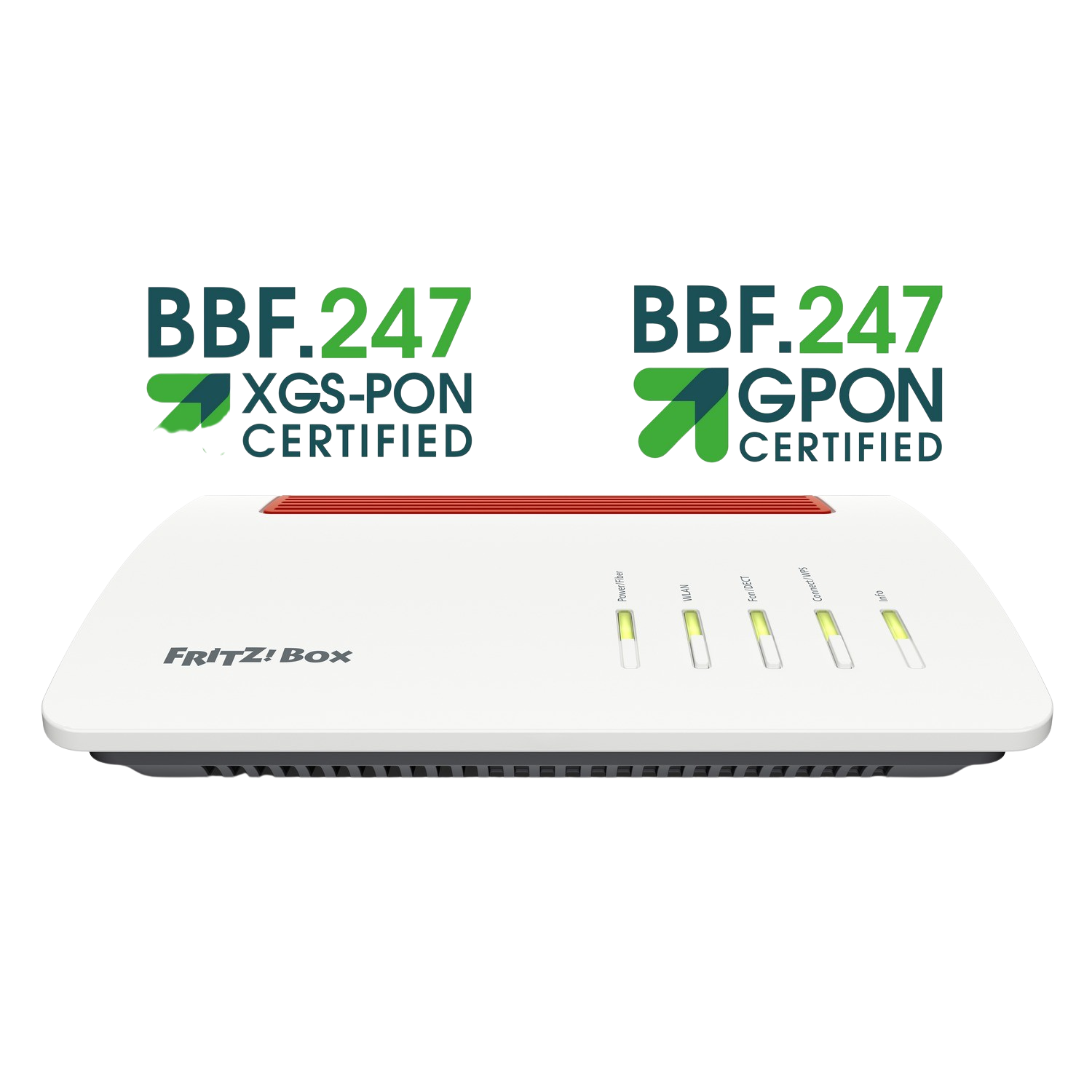 Witte en rode FRITZ!Box-router met certificeringslogo's erboven.