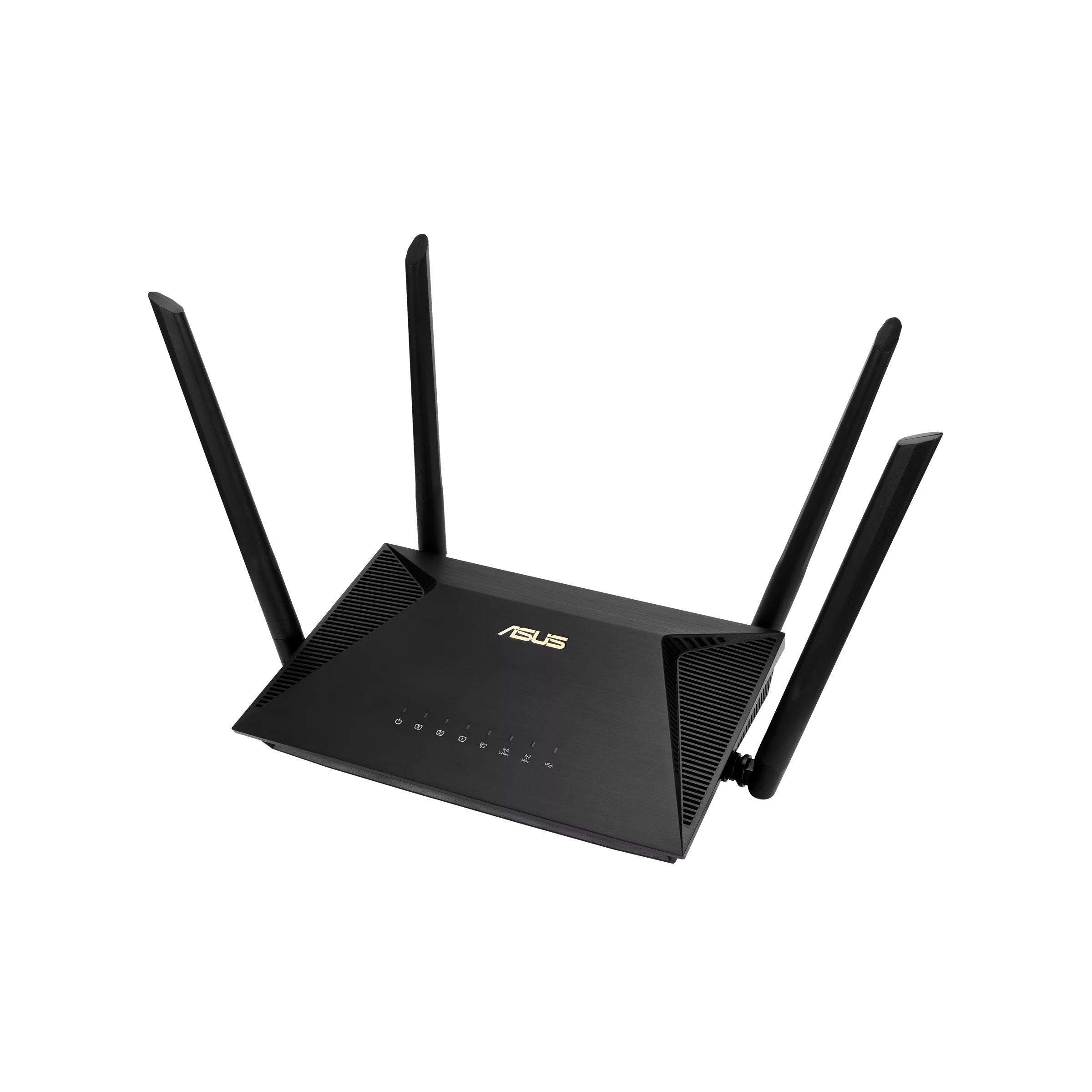 Czarny router z czterema antenami. Marka to 'ASUS'.