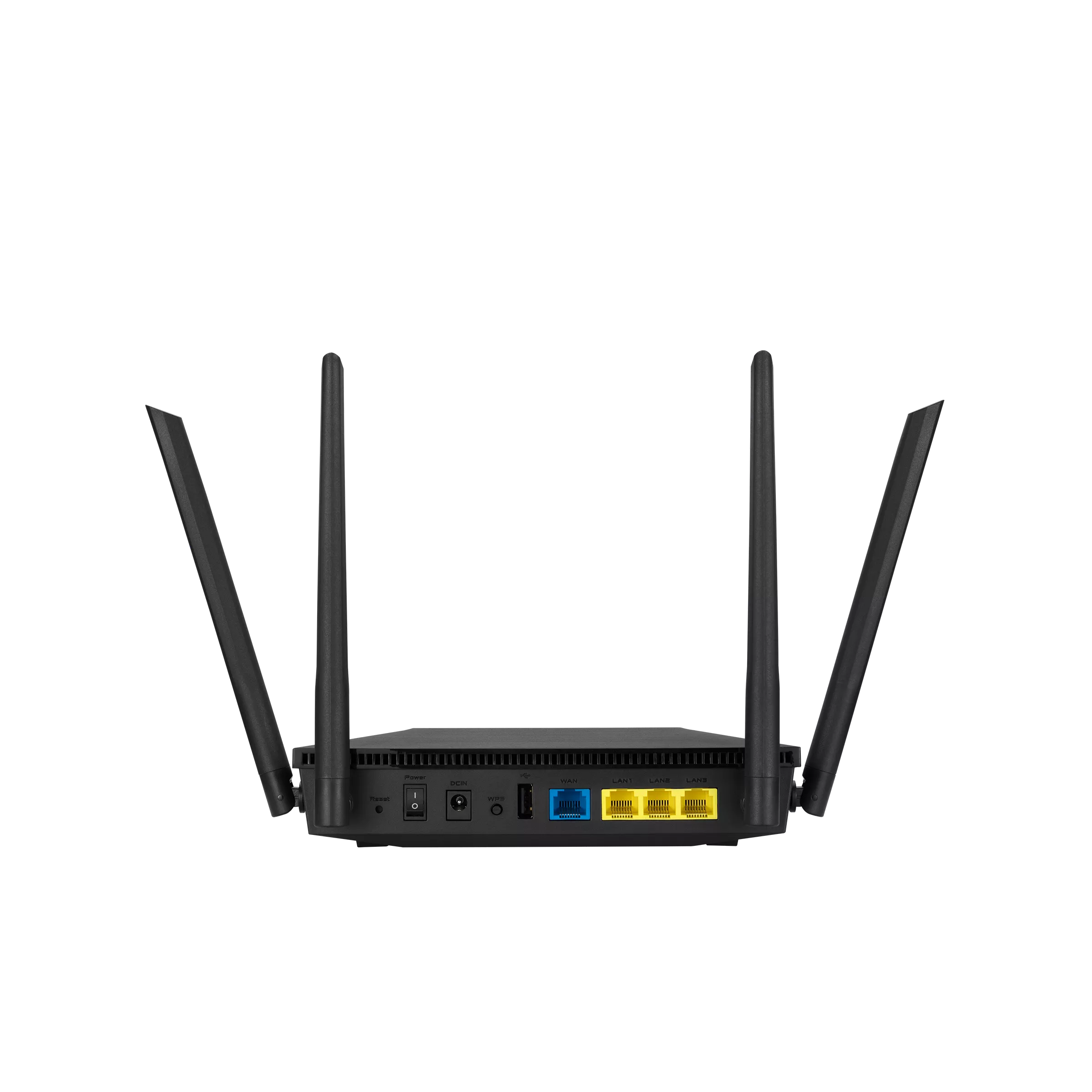Czarny router z antenami, z portami zasilania, resetowania i LAN widocznymi z tyłu.