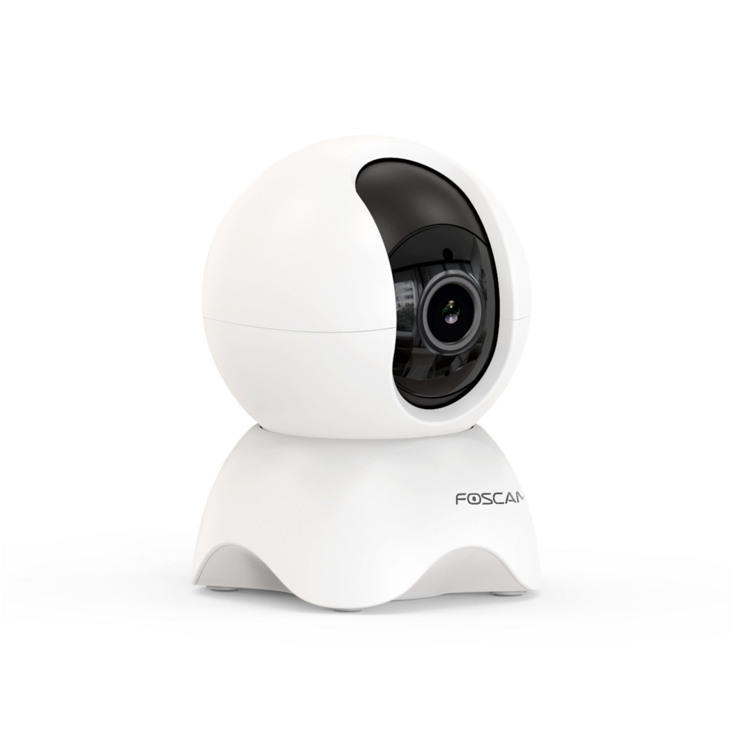 A white Foscam security camera on a white surface, with a black lens.