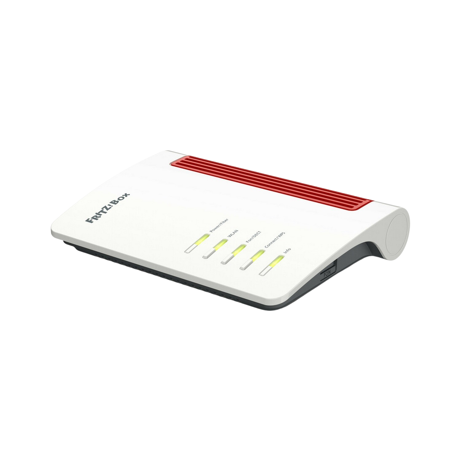 Witte router met rode accenten en indicatielampjes. De voorkant wordt getoond.