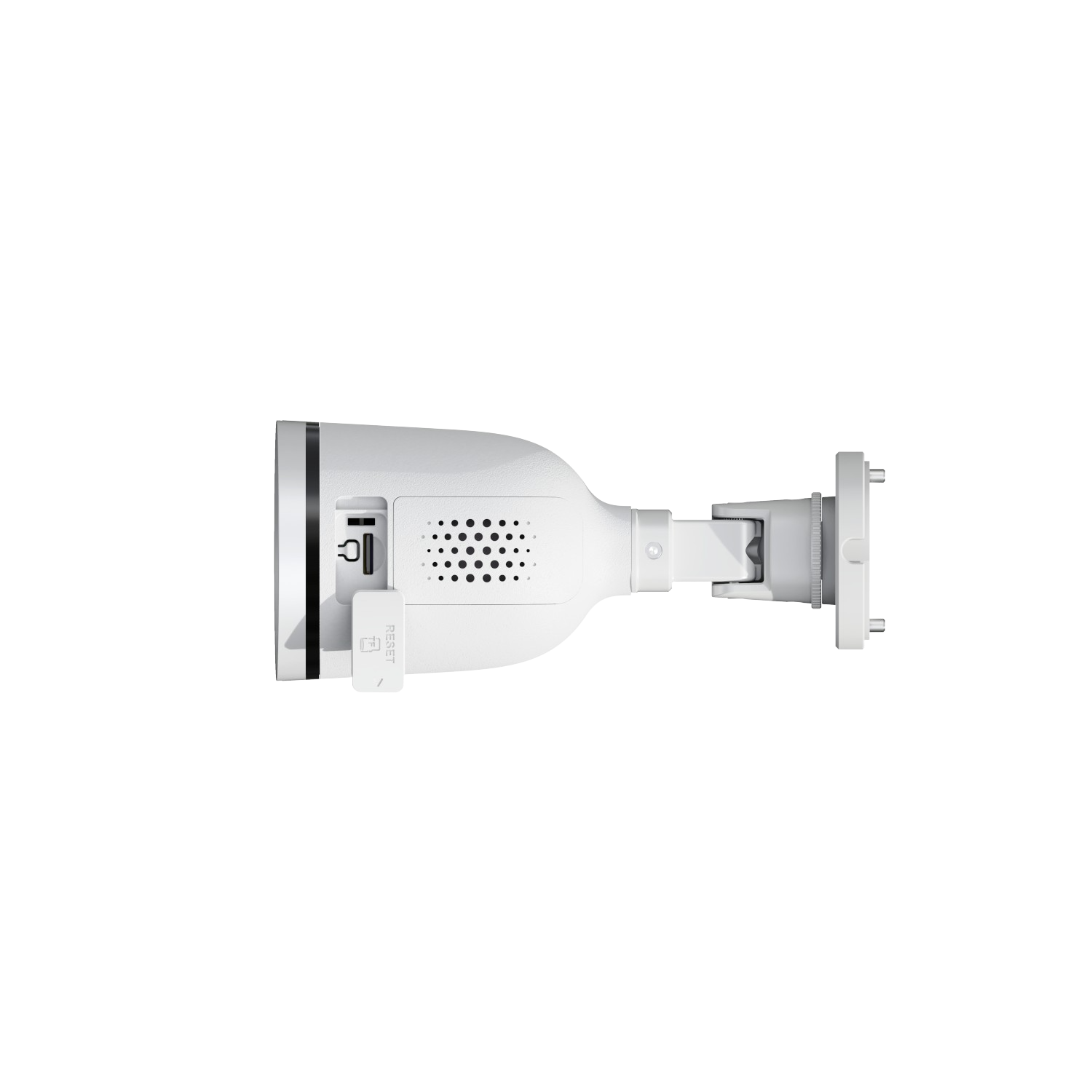 Biała kamera bezpieczeństwa na czarnym tle, z przyciskiem resetowania.
