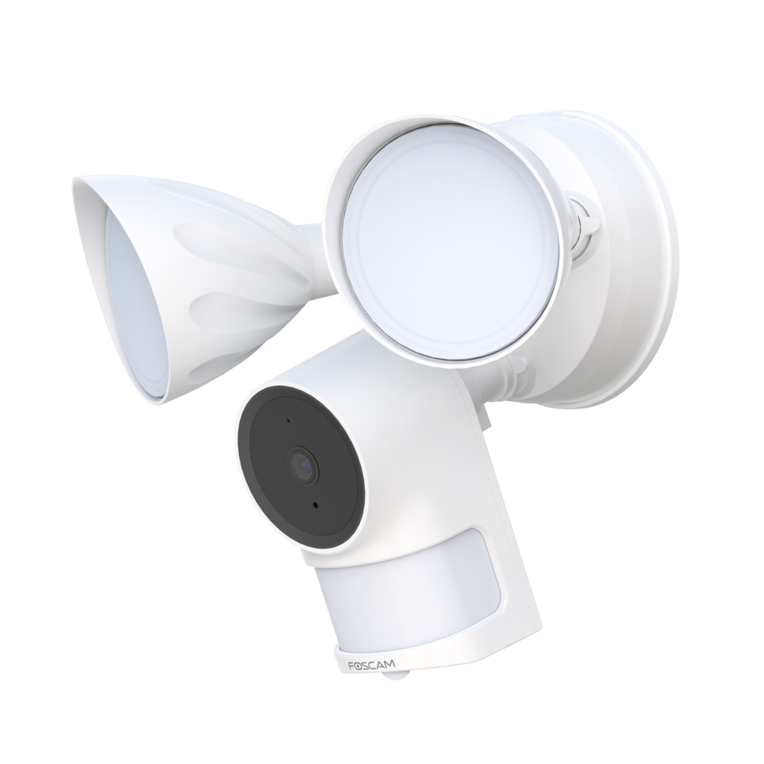White security camera with two lights and a black camera lens. The camera has a motion sensor.