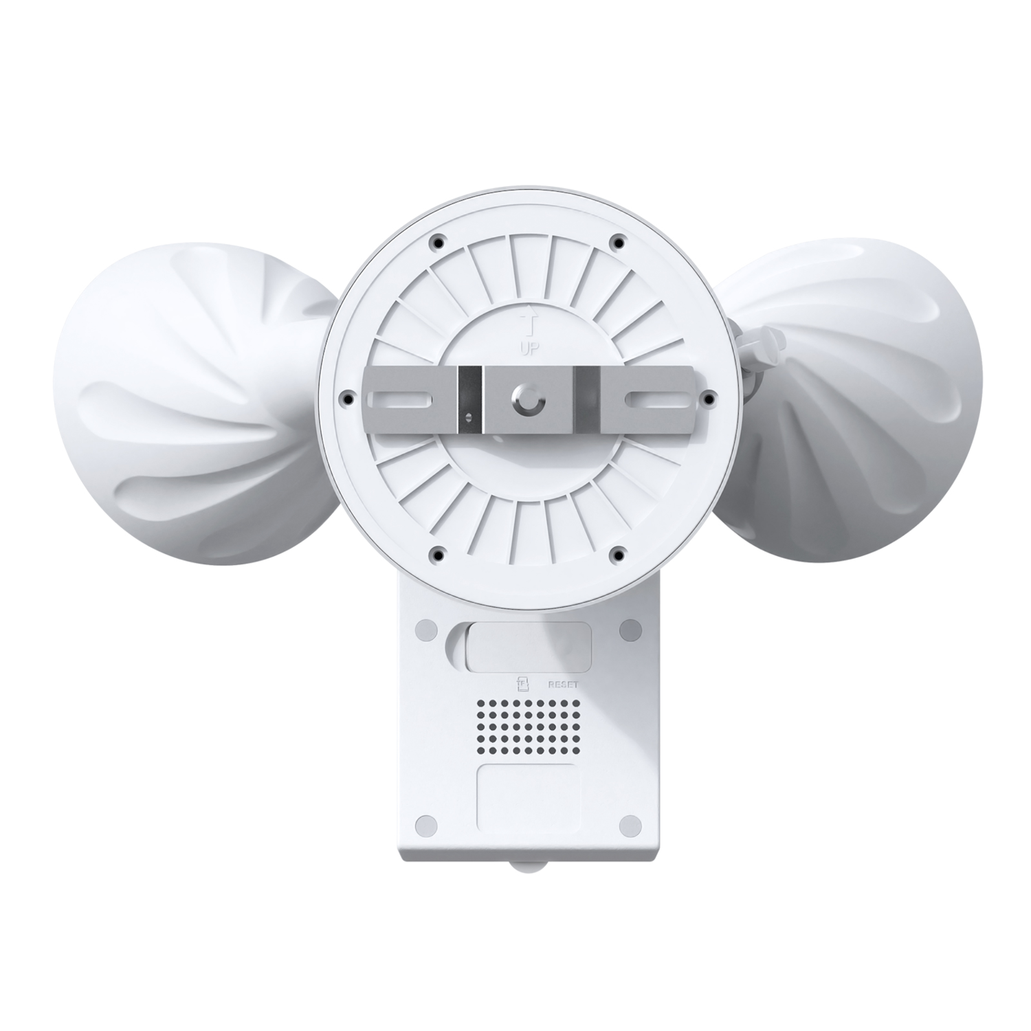 A white outdoor security camera with two lights on the bottom. The camera is on a white background.