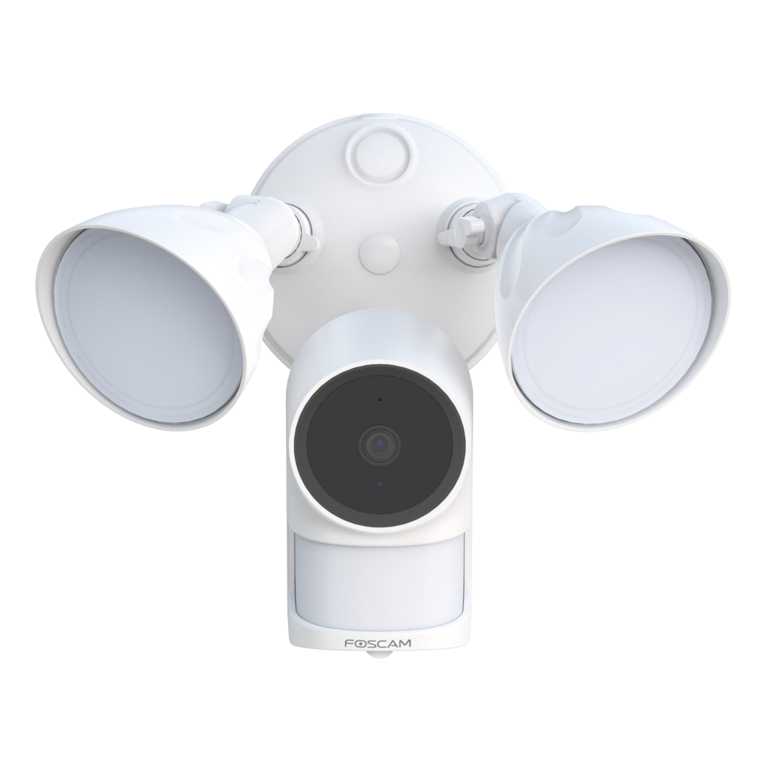 White security camera with two spotlights, on a black background.