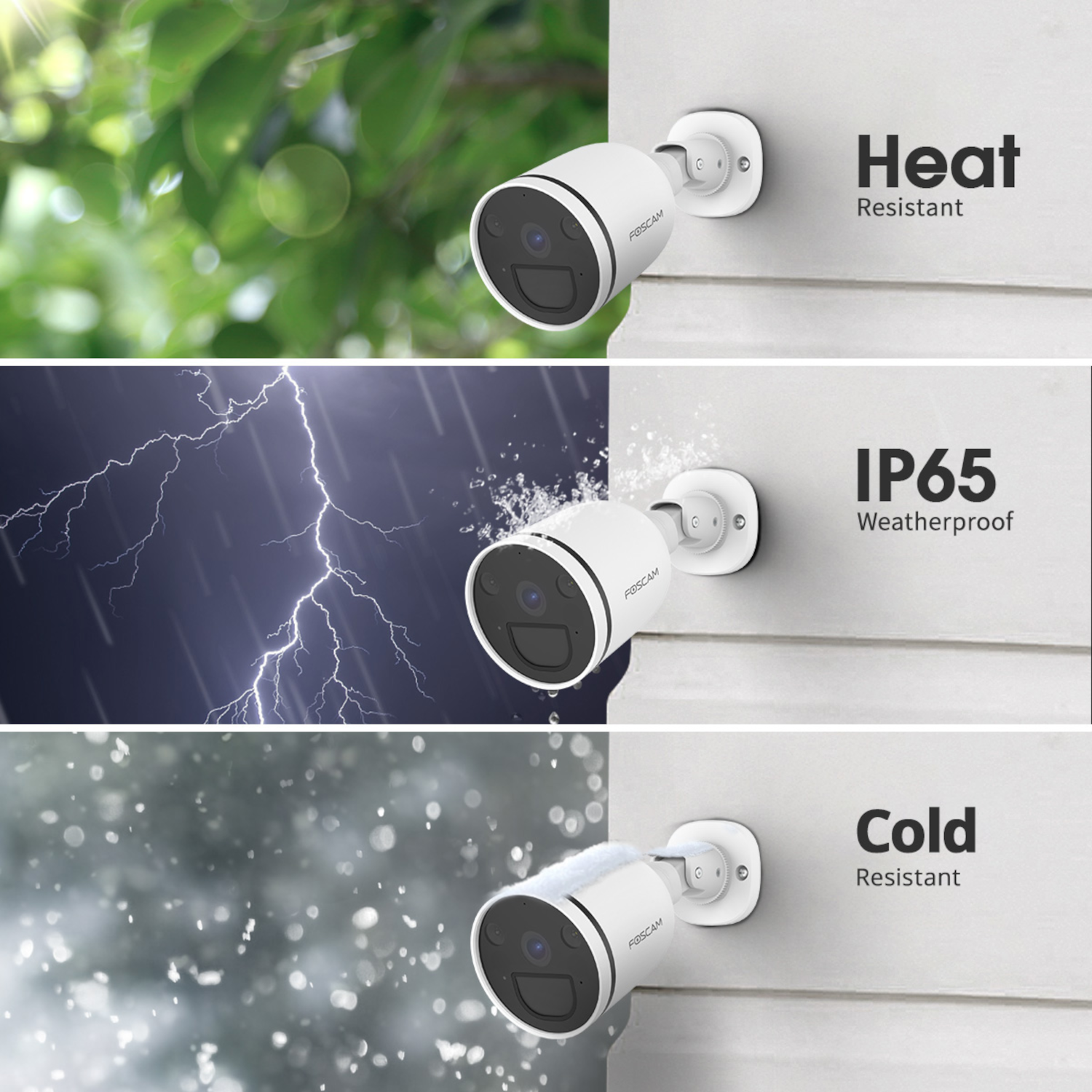 Trzy obrazy białej kamery monitoringu, pokazujące odporność na ciepło, wodę i zimno.