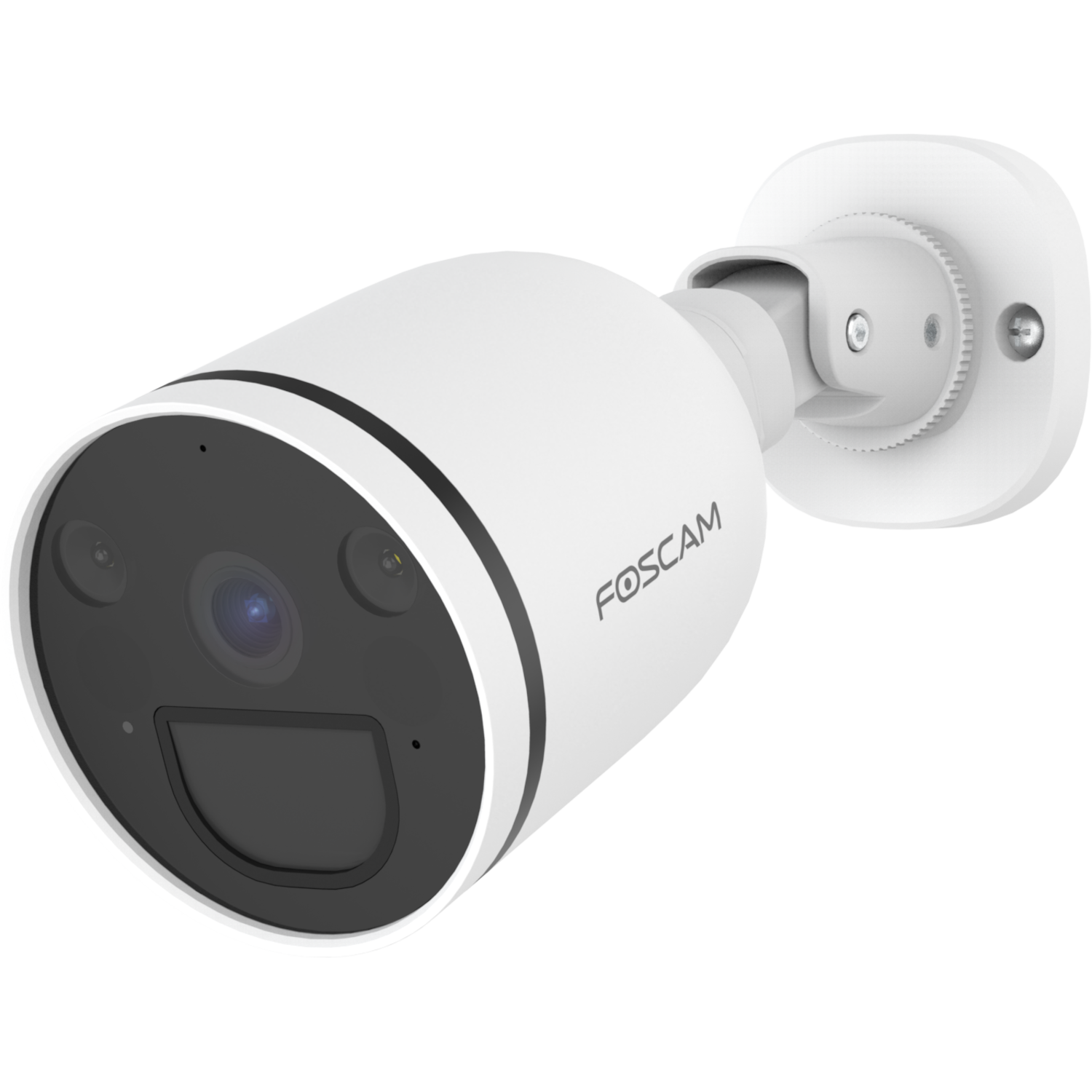 Biała kamera bezpieczeństwa Foscam z czarnym obiektywem i zakrzywionym korpusem.