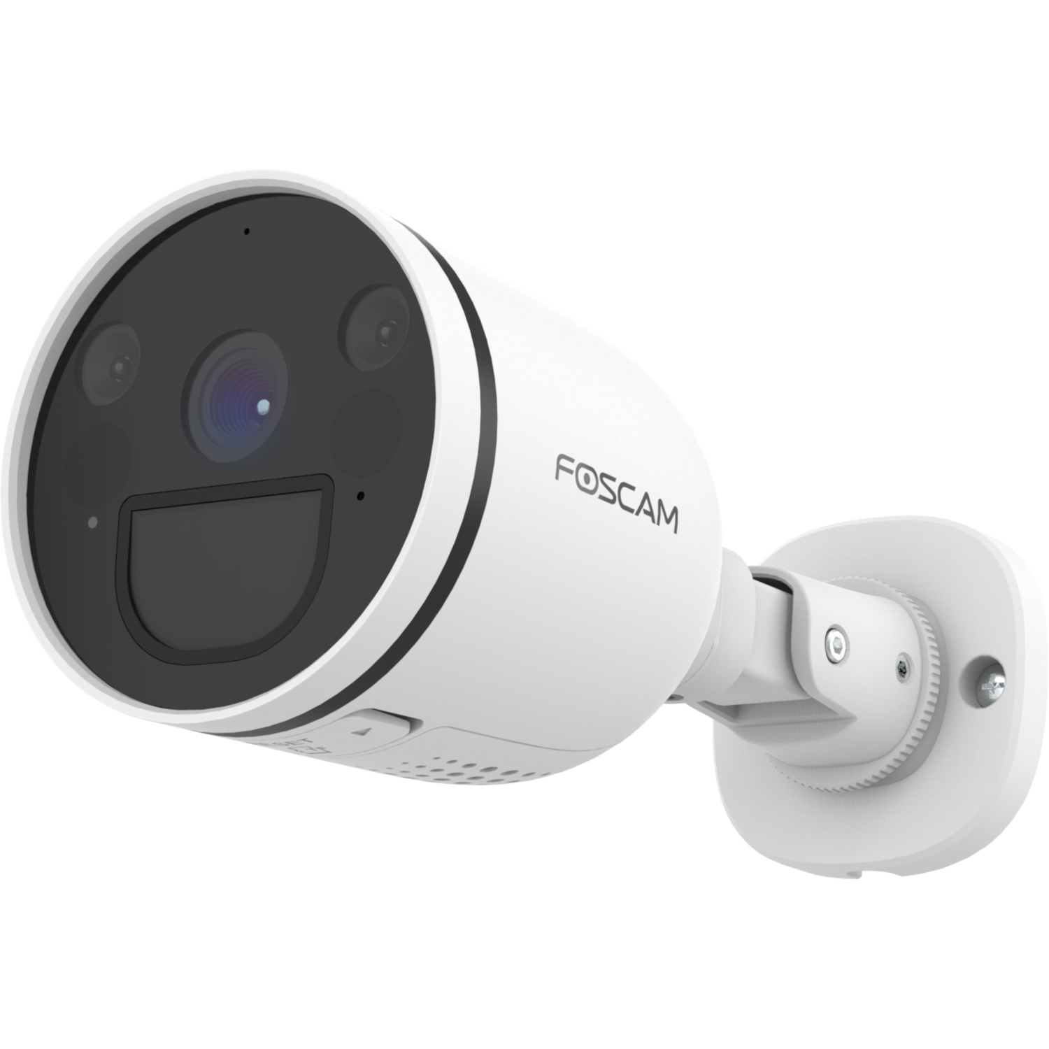 Biała kamera bezpieczeństwa Foscam o okrągłym kształcie. Jest zamontowana na ścianie.