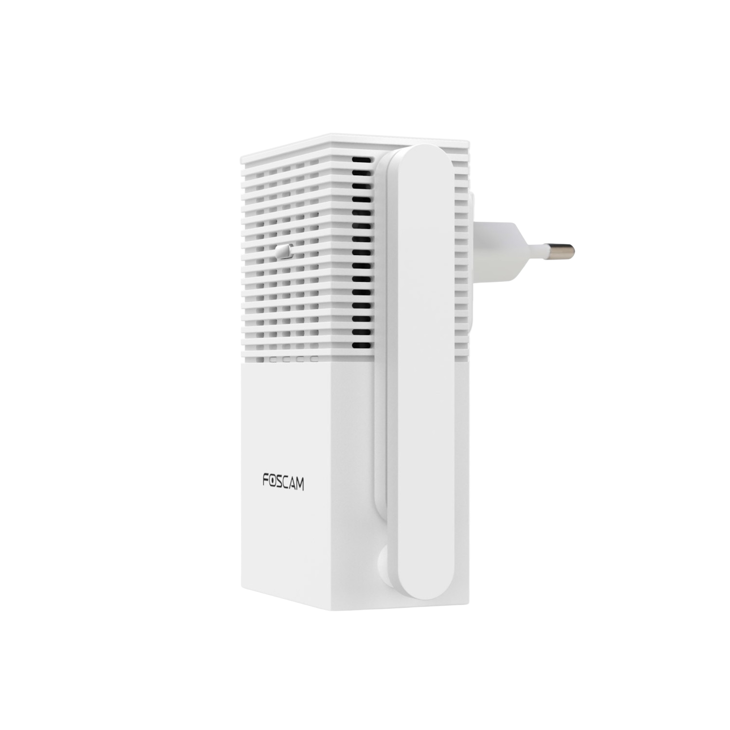 White Foscam extender plugged into a wall outlet, with a black background.