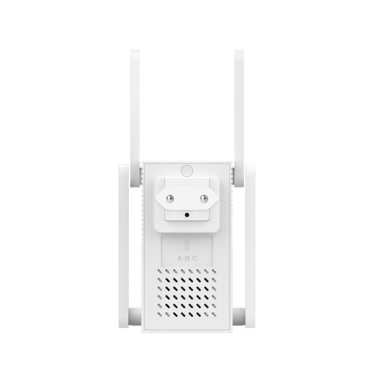 White Wi-Fi extender with two antennas and a power outlet. The extender has a row of ventilation holes.