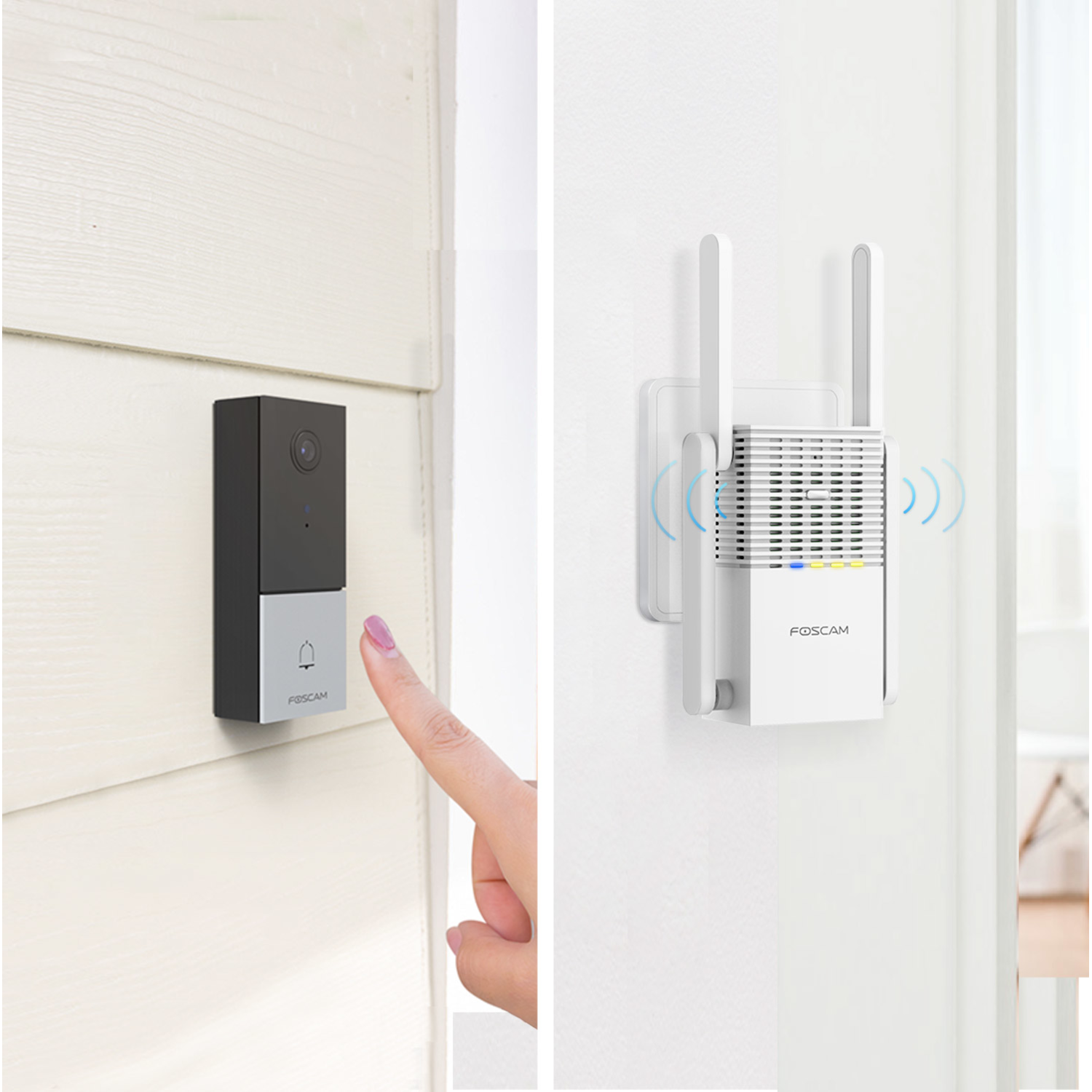 Doorbell and WiFi extender on a wall. A finger is pressing the doorbell button.