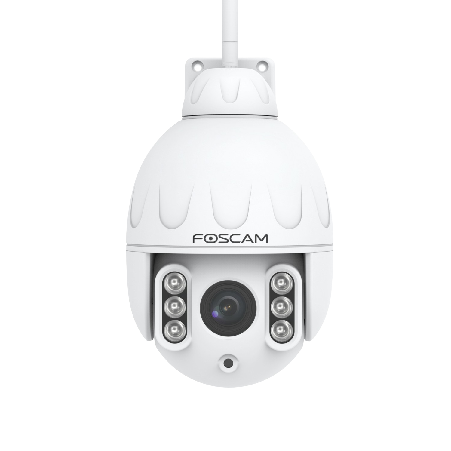 Telecamera di sicurezza bianca. Ha una forma a cupola e più lenti. Sfondo nero.