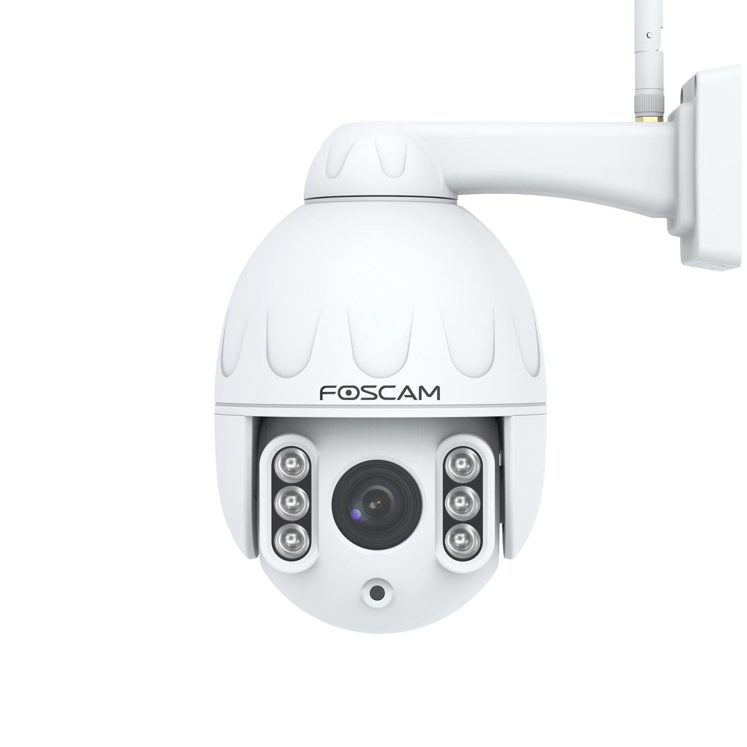 Una telecamera di sicurezza bianca. La telecamera ha una forma a cupola ed è montata a parete.
