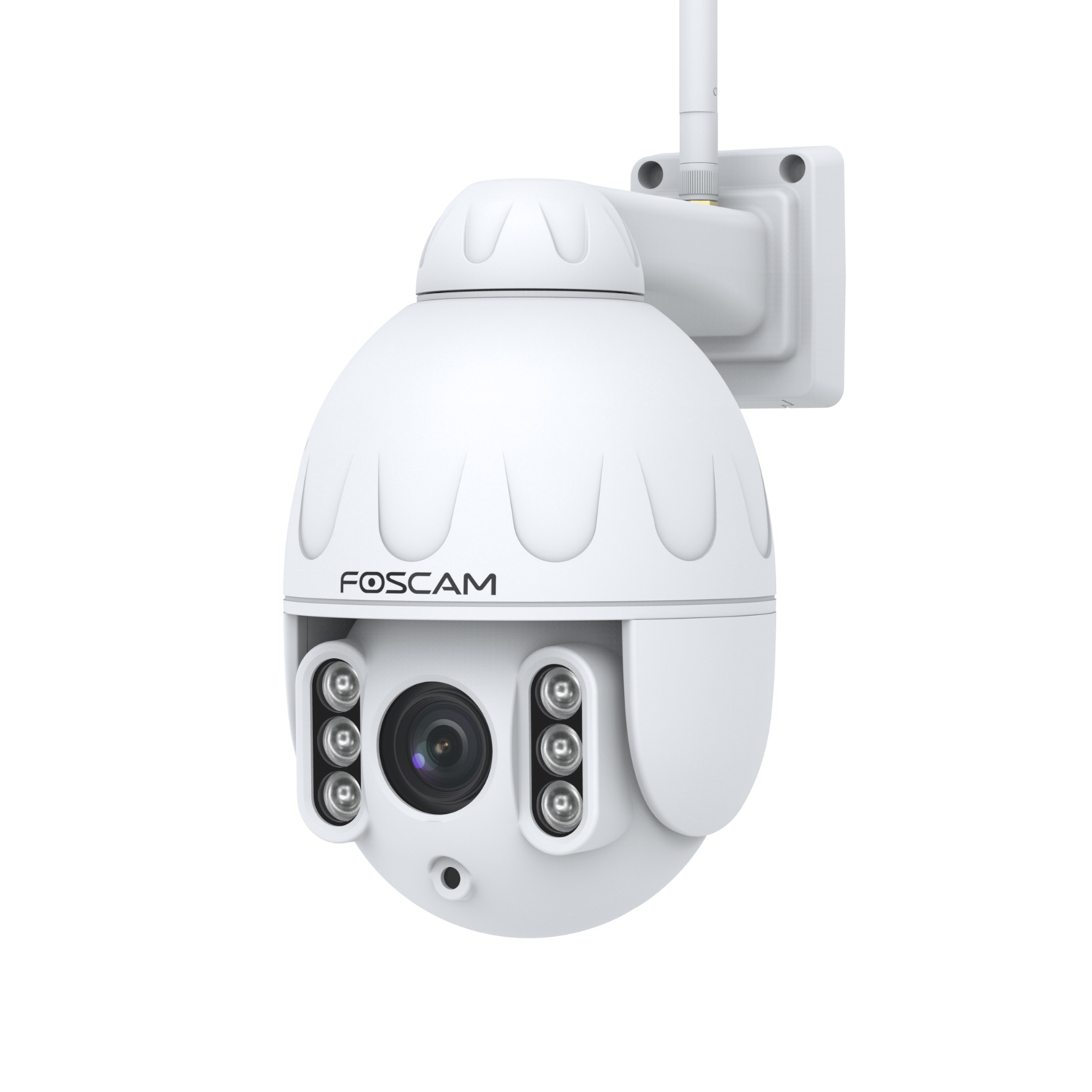 Telecamera di sicurezza bianca con un design a cupola. Ha un obiettivo e luci a LED, con il logo FOSCAM.