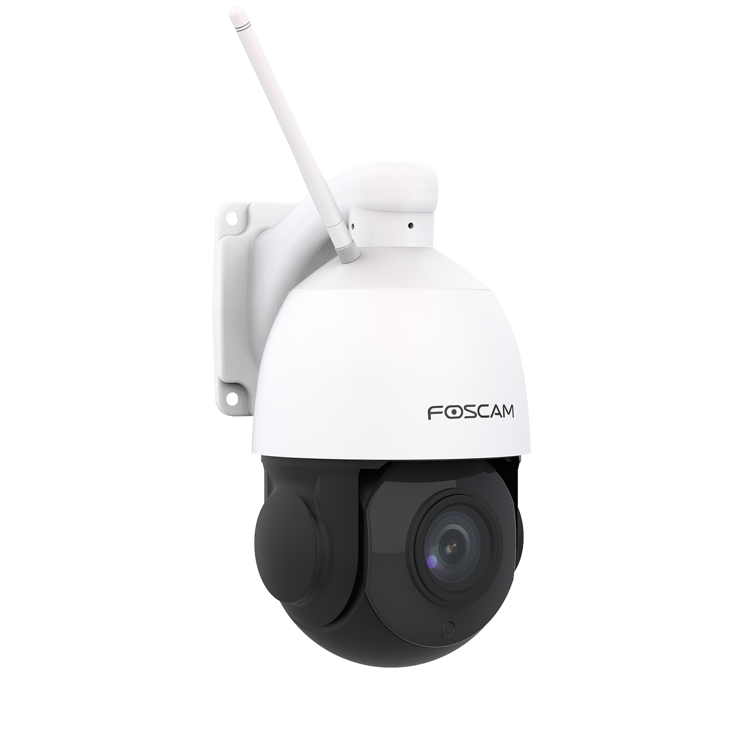 White Foscam security camera with antenna and black camera head.