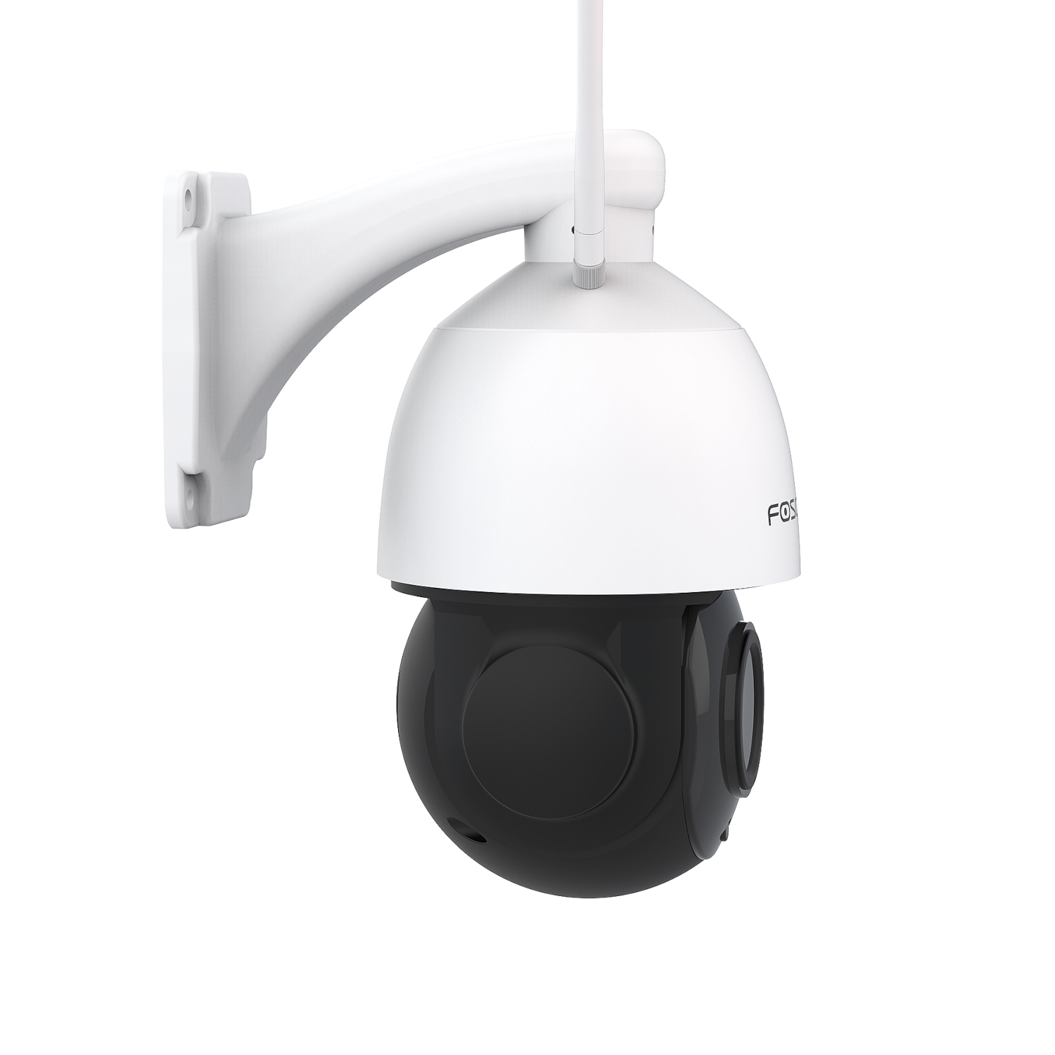 White and black security camera mounted on a wall. The camera is angled down.