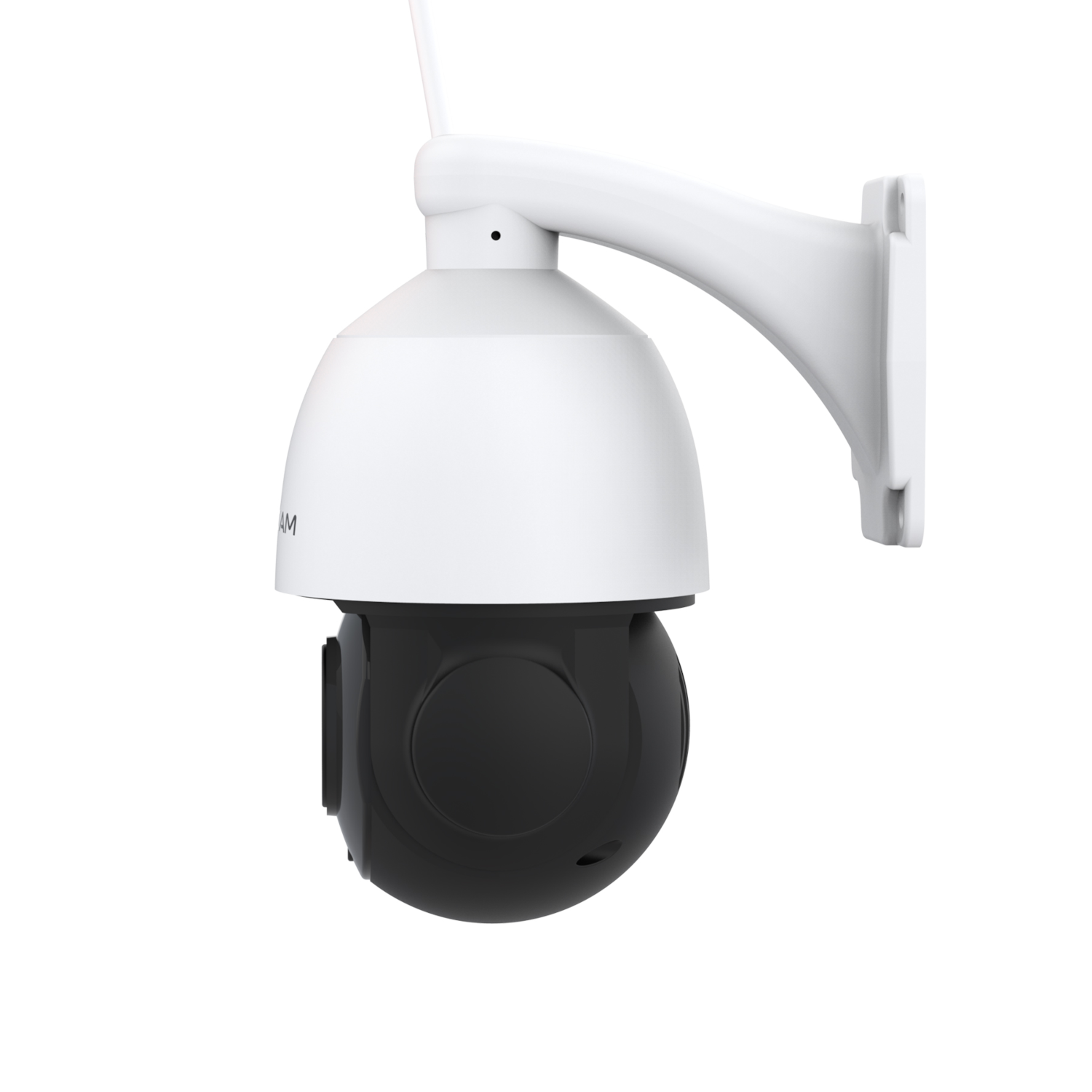 A white security camera with a black lens. It is mounted on a white wall. The background is white.