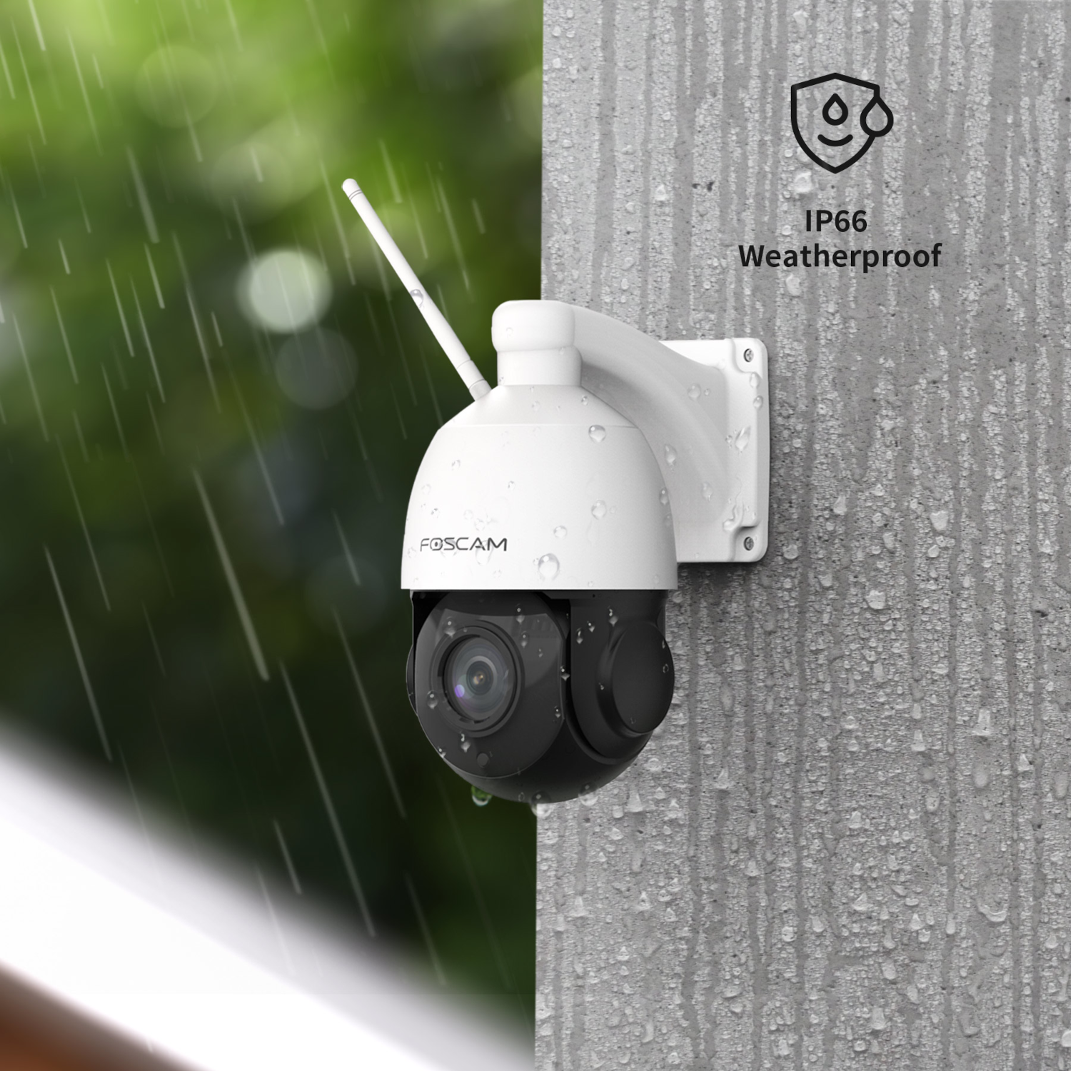A white Foscam outdoor security camera with a black lens, installed on a grey wall.