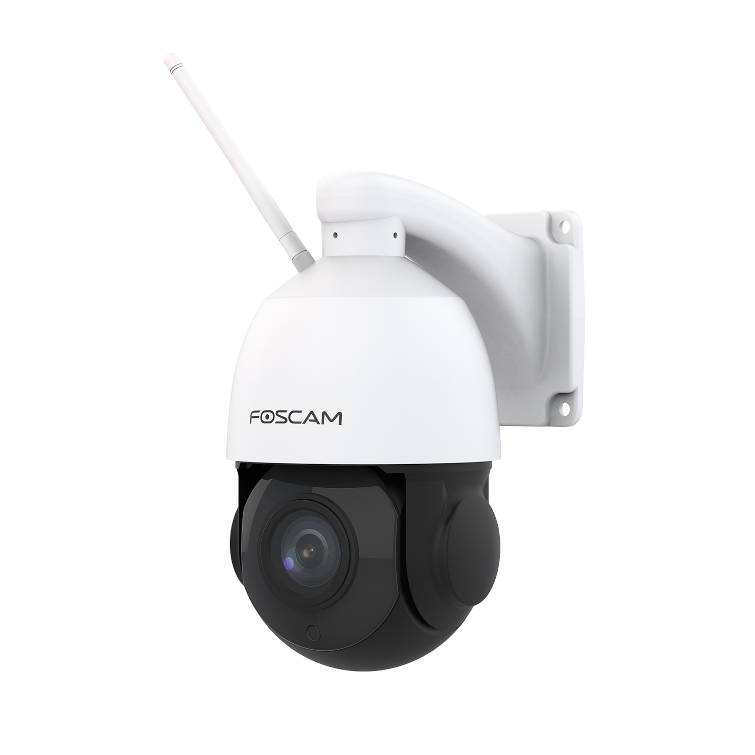 White and black outdoor security camera with antenna. FOSCAM logo visible.