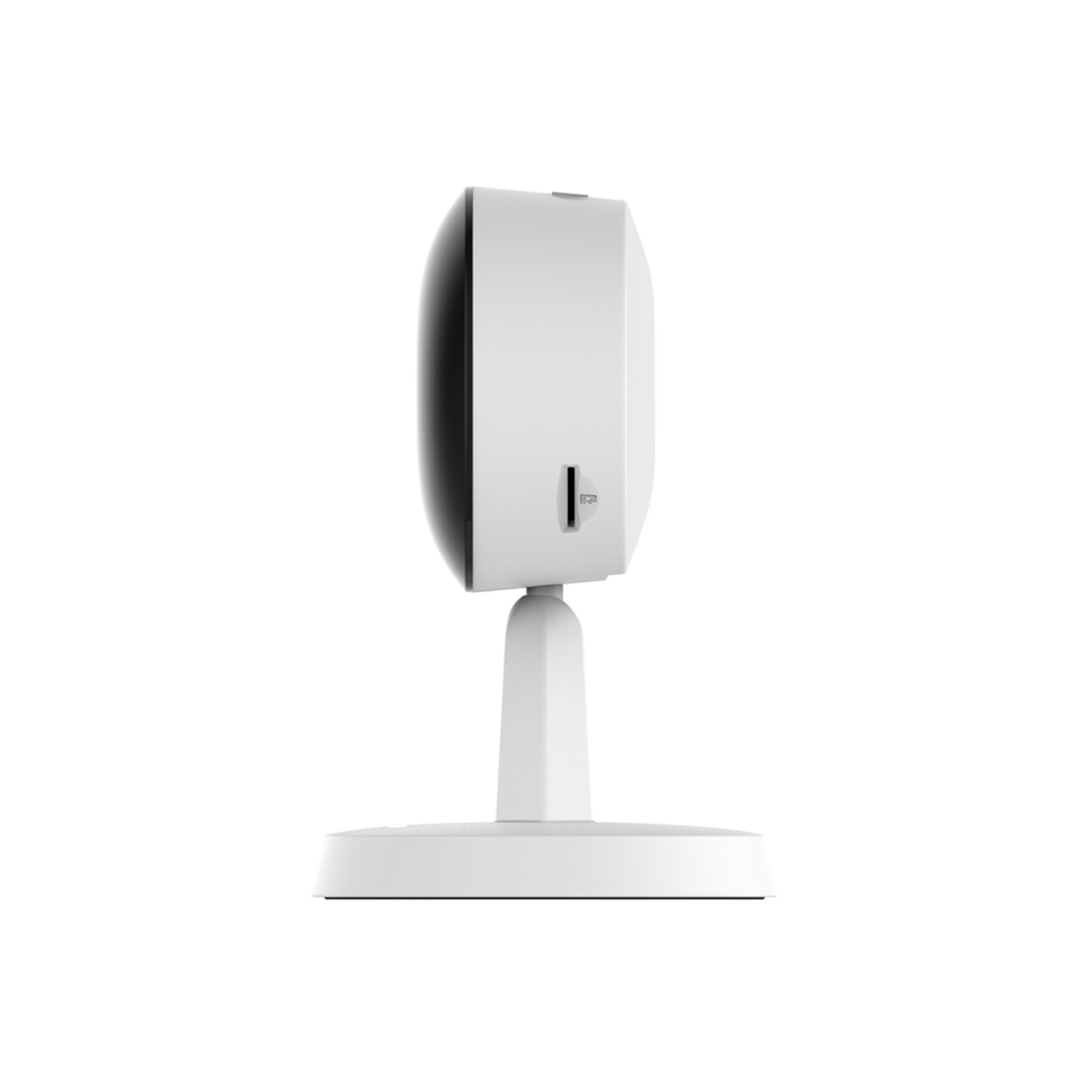 Witte beveiligingscamera met zwarte lens en voet, op witte achtergrond.