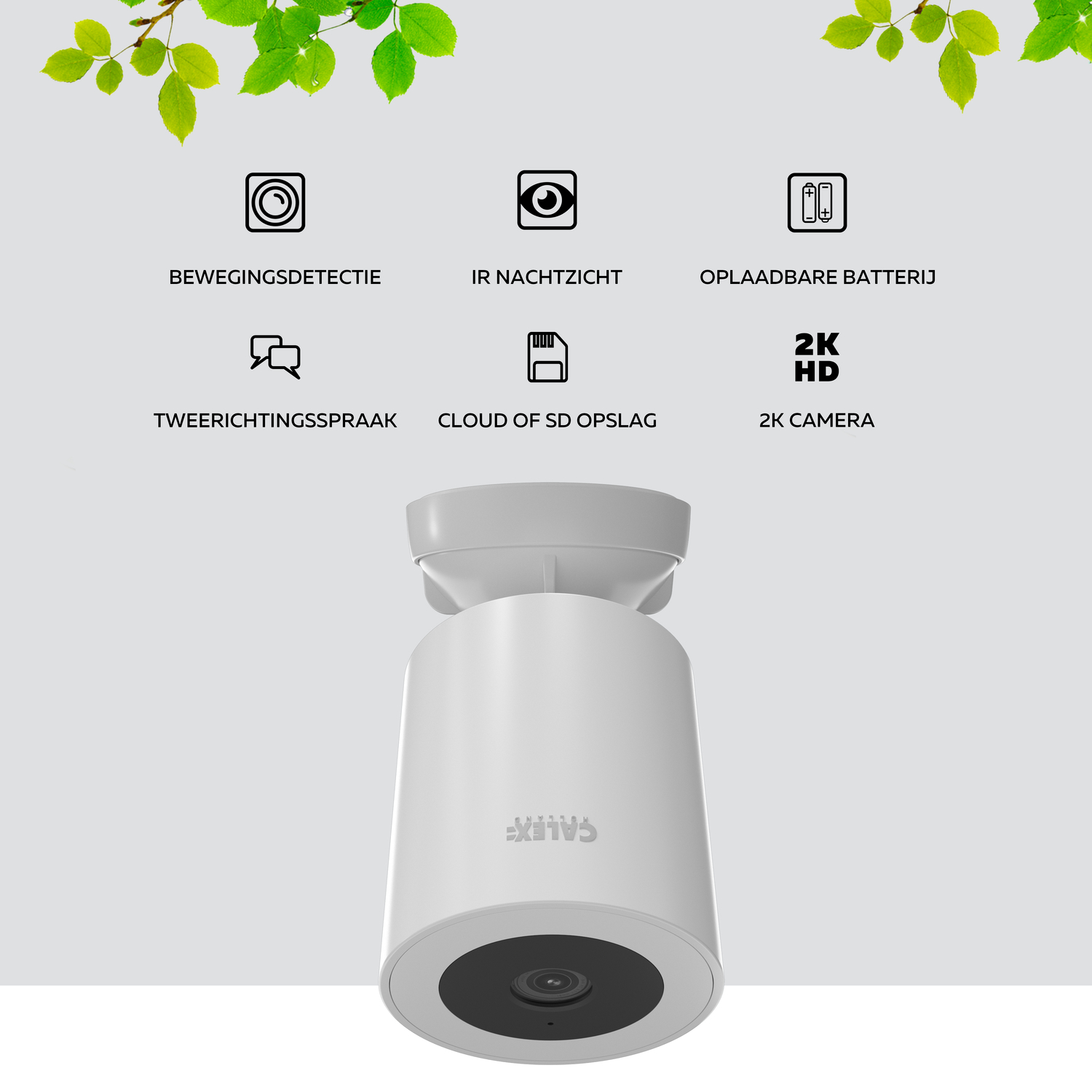 Biała kamera bezpieczeństwa z ikonami, liśćmi i tekstem. Cechy: detekcja ruchu, noktowizor, 2K.
