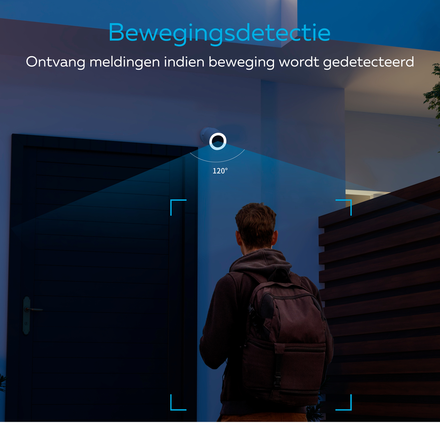 Kamera bezpieczeństwa na białej ścianie, tekst: 'Bewegingsdetectie' i osoba z plecakiem.