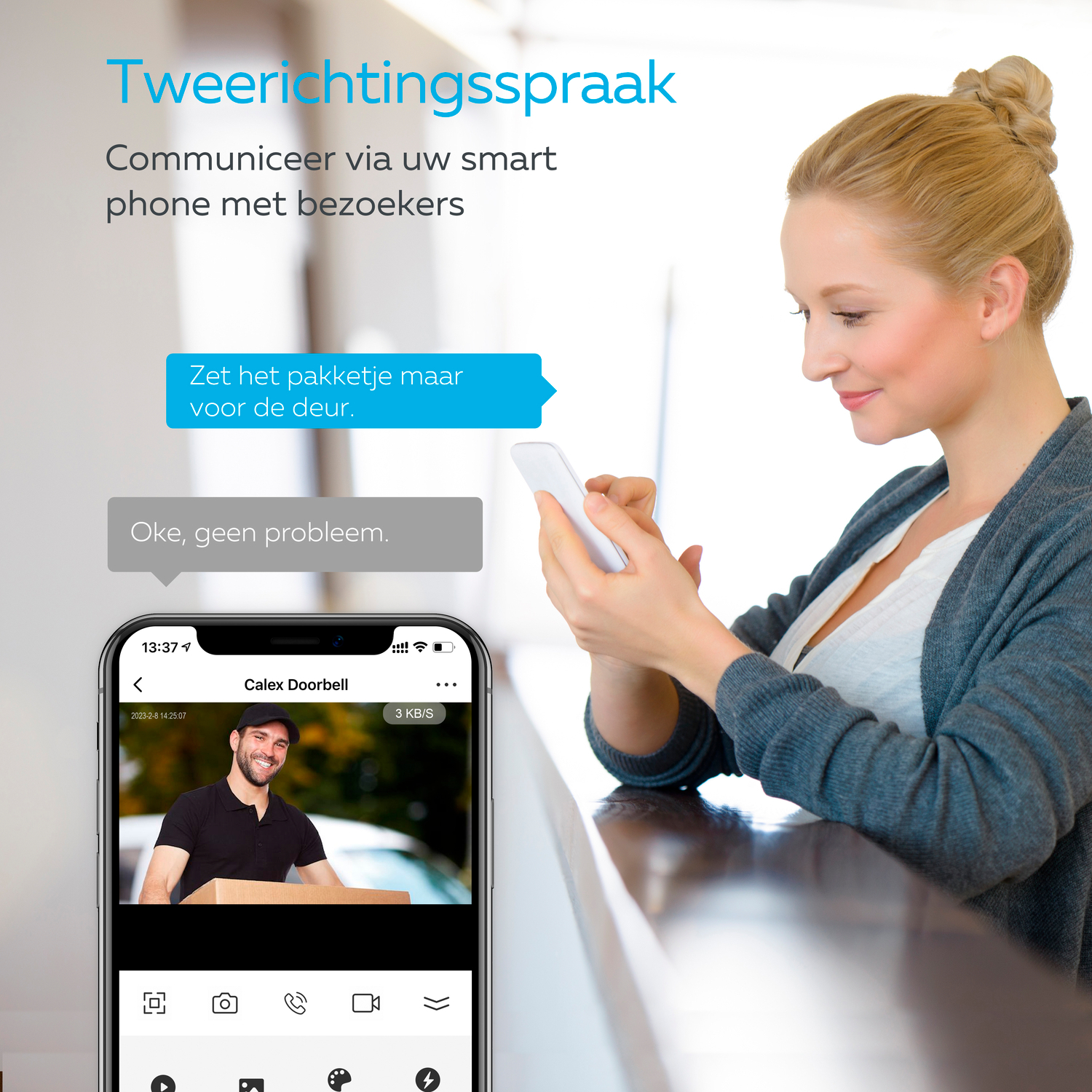 Kobieta używająca telefonu z podglądem kamery dzwonka. Dymki pokazują rozmowę.