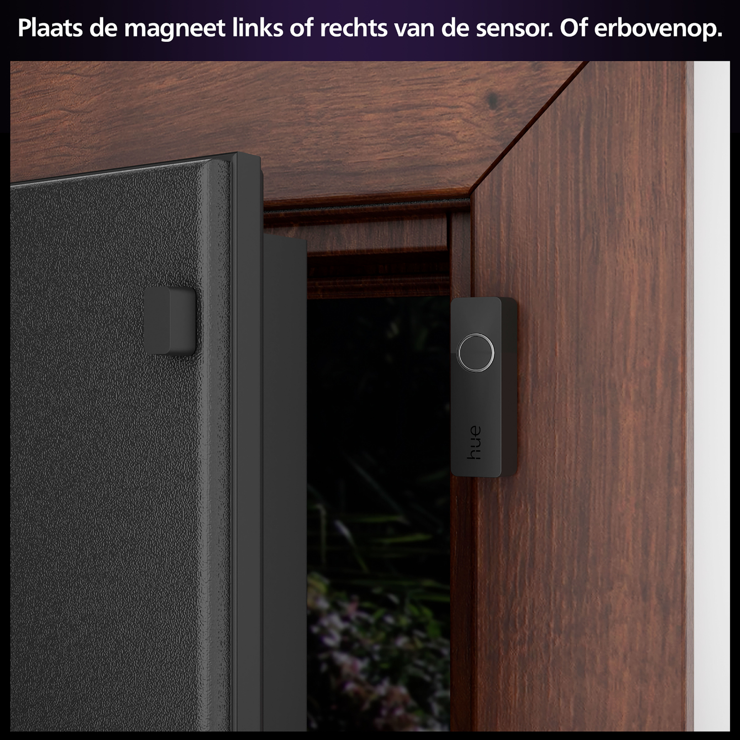 Ościeżnica z czarnym czujnikiem i oddzielnym czarnym magnesem. Czujnik ma przycisk i słowo 'hue'.