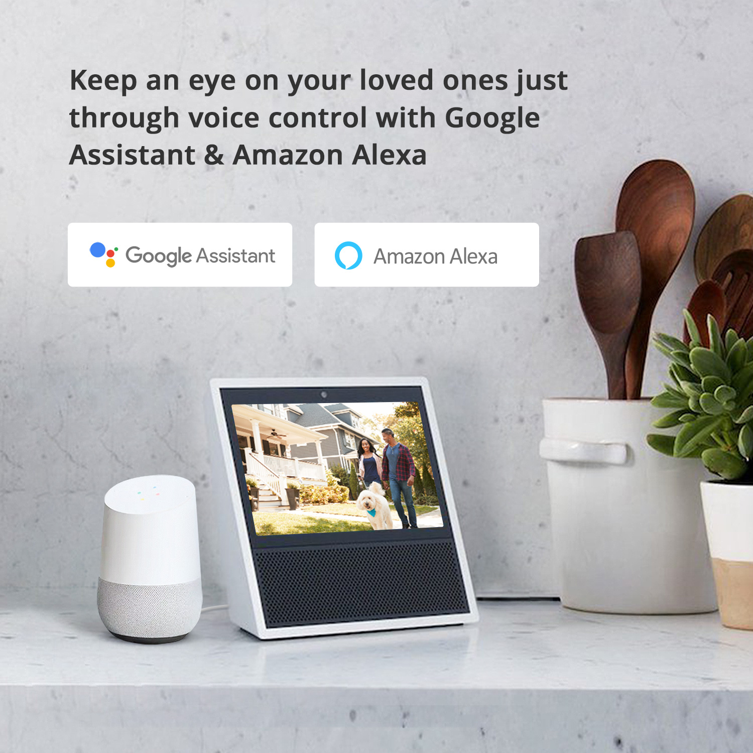 Inteligentny wyświetlacz z Asystentem Google i Alexą, pokazujący rodzinę.