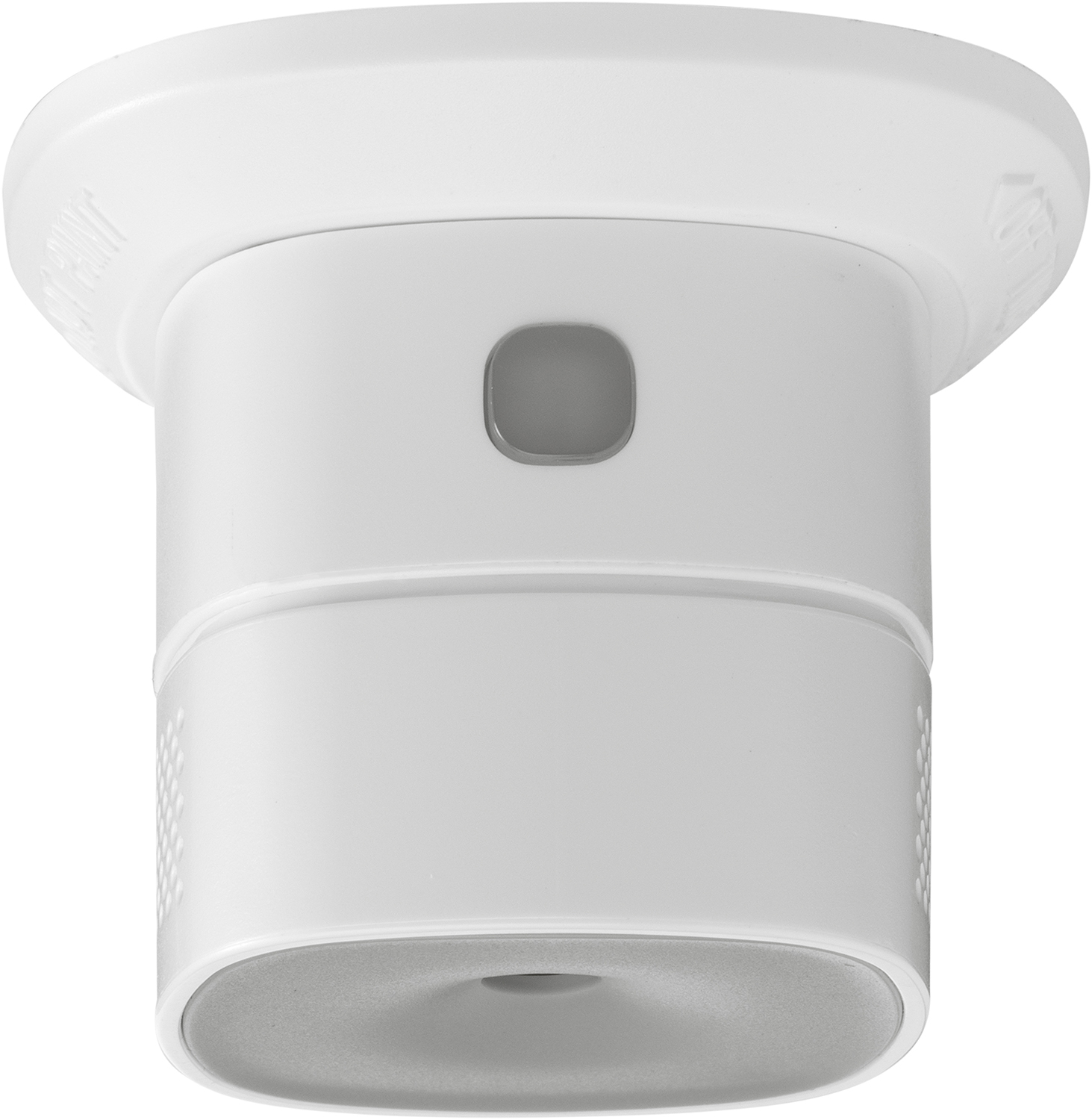 White smoke detector, circular design, with a gray button in the center.