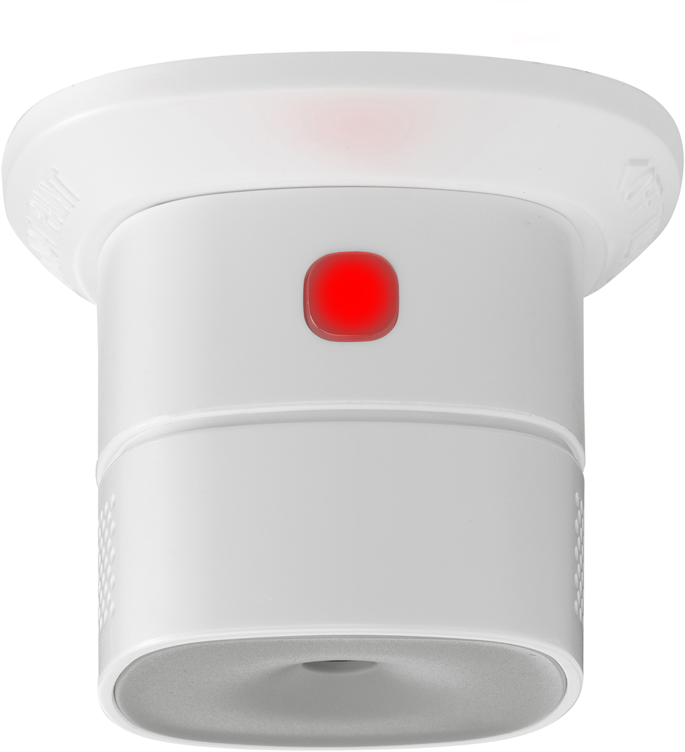 A white smoke detector with a red button and a red light. The background is white.