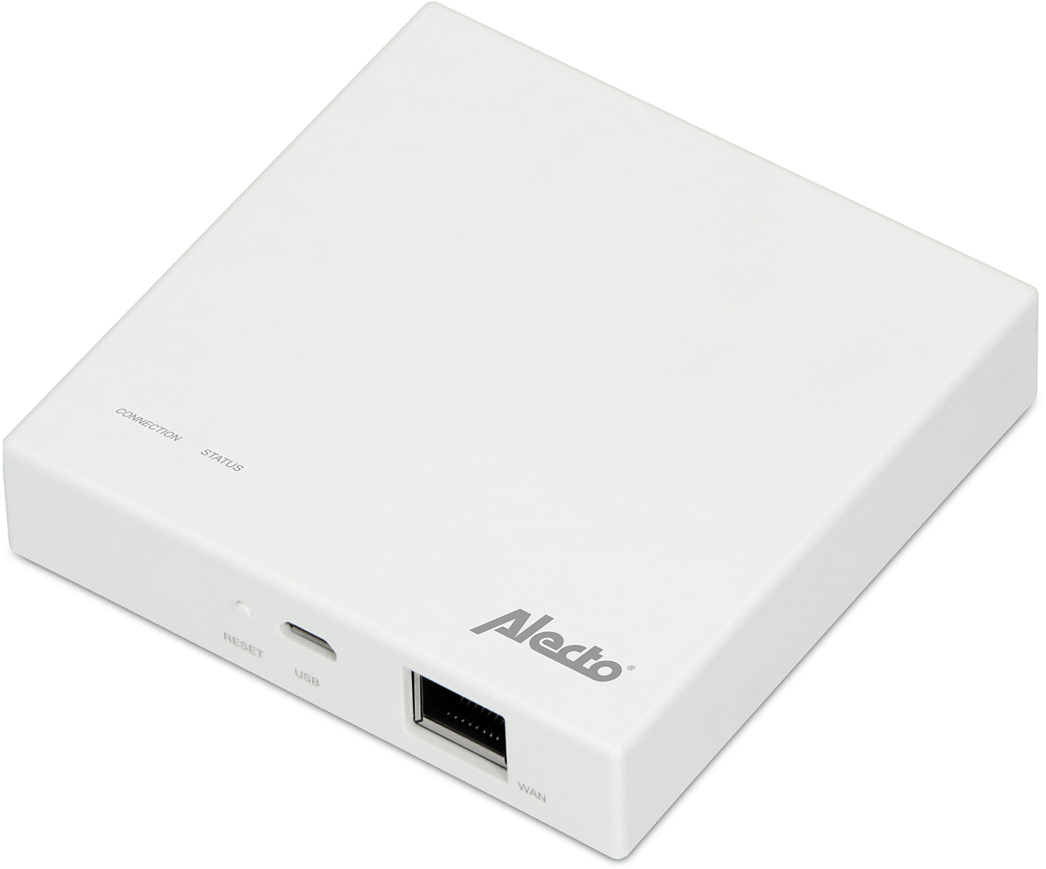 White smart home hub with ports. Alecto logo visible. Perspective view.