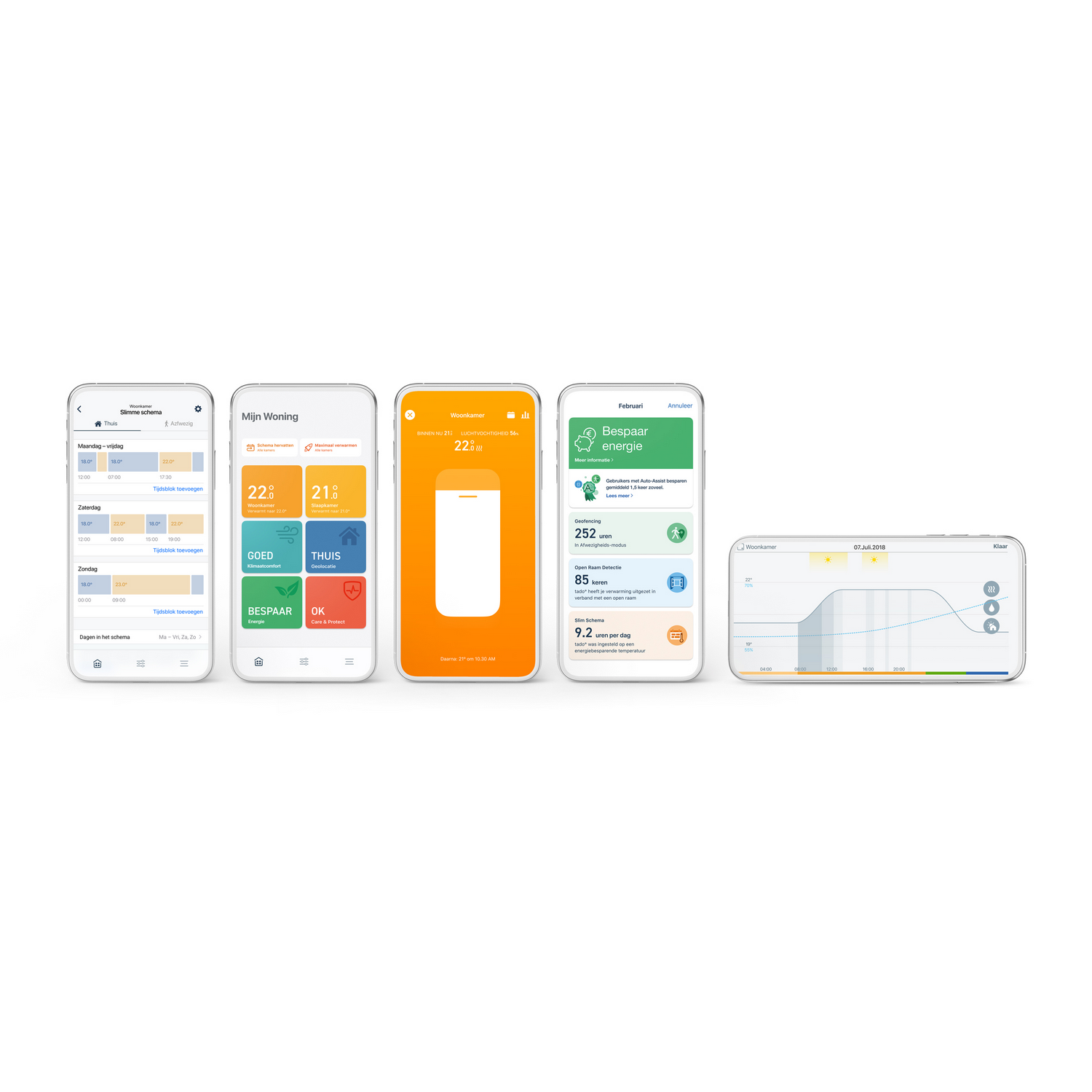Smartphones met app-interfaces voor huisbesturing en energiemonitoring.