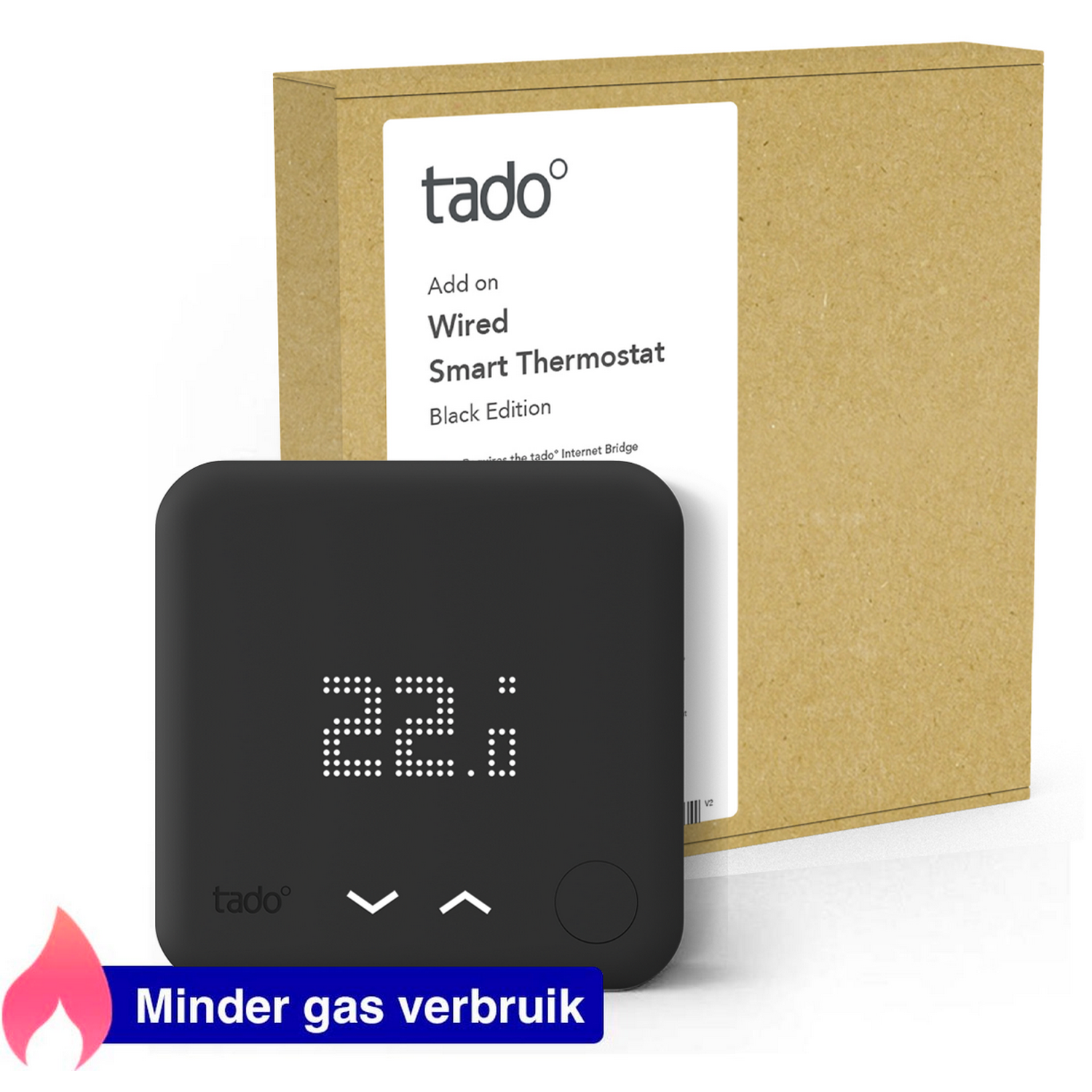 Een zwarte slimme thermostaat met een digitaal display en een kartonnen doos erachter.