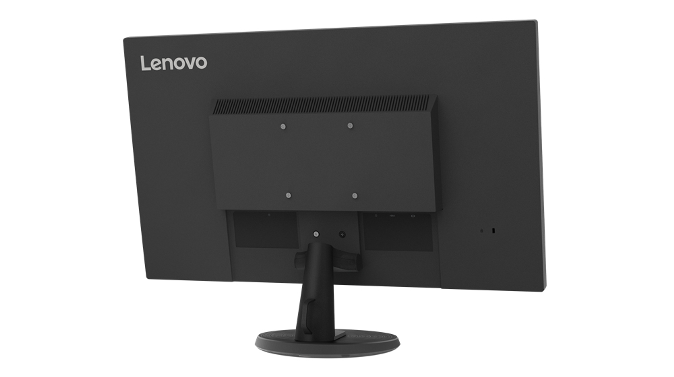 Tył czarnego monitora Lenovo ze stojakiem i portami połączeniowymi.