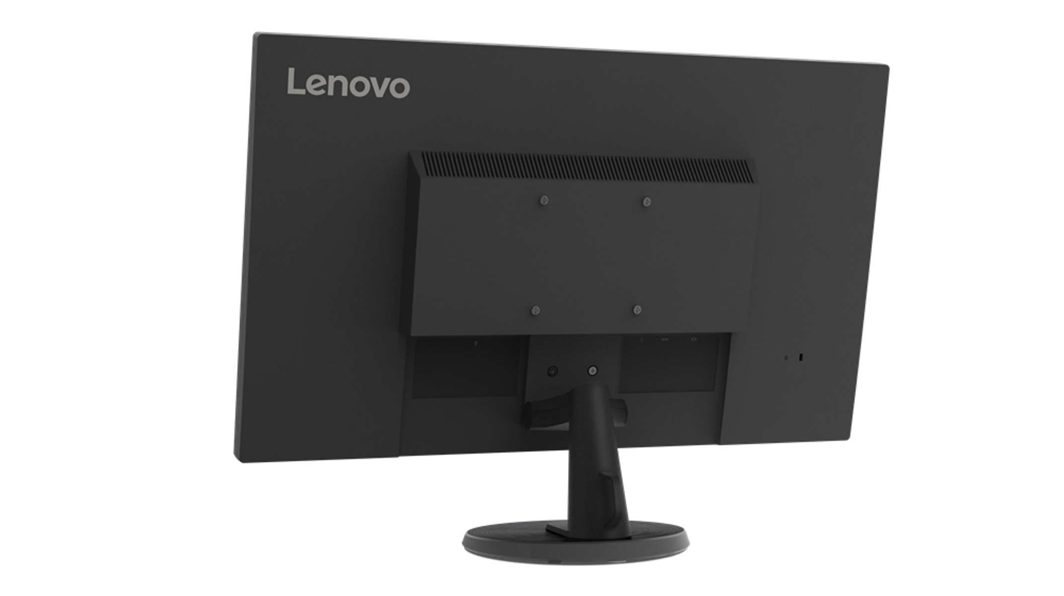 Tył czarnego monitora Lenovo. Widoczne porty i podstawka. Logo Lenovo u góry.