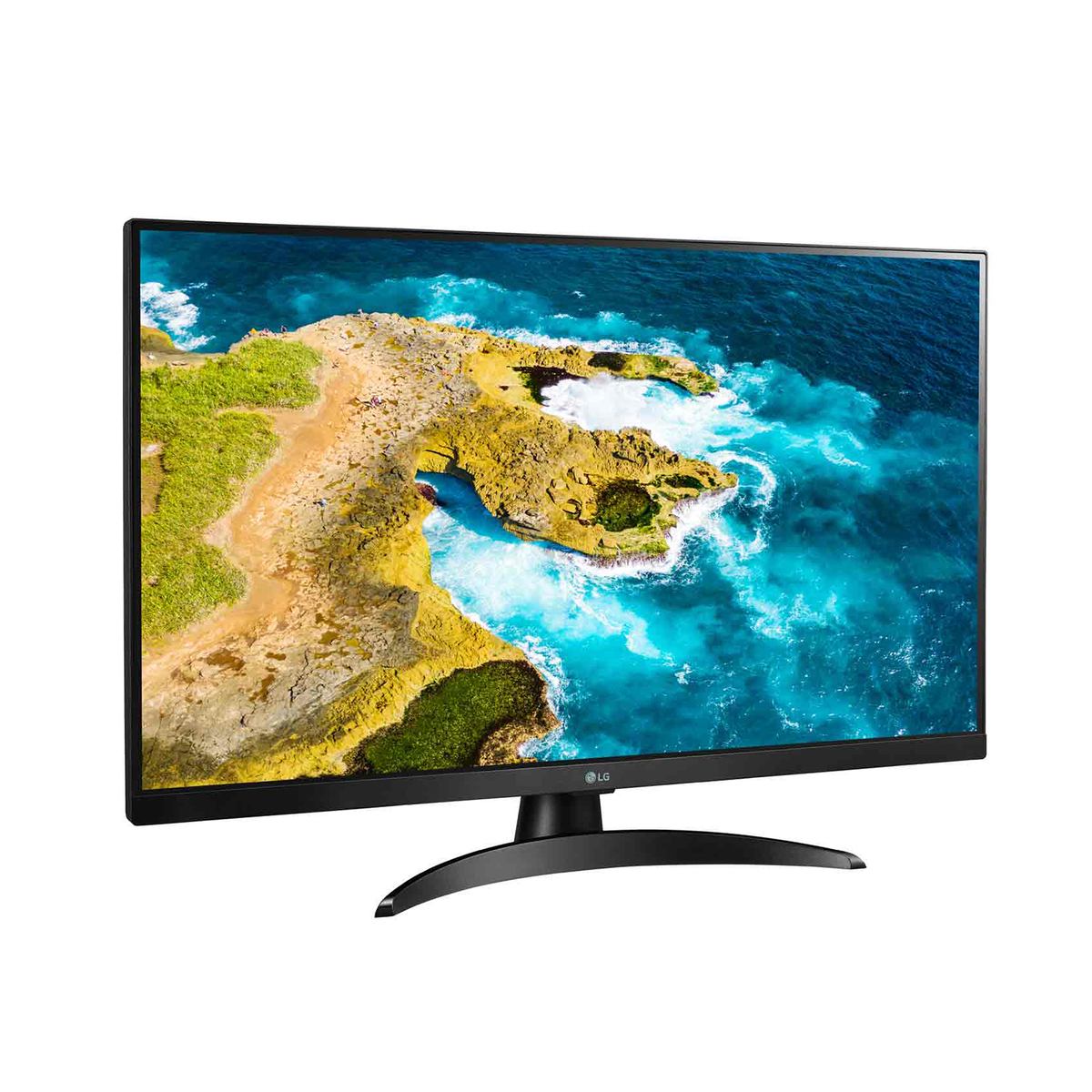 Monitor LG wyświetlający scenę oceanu z niebieską wodą i żółtymi klifami.