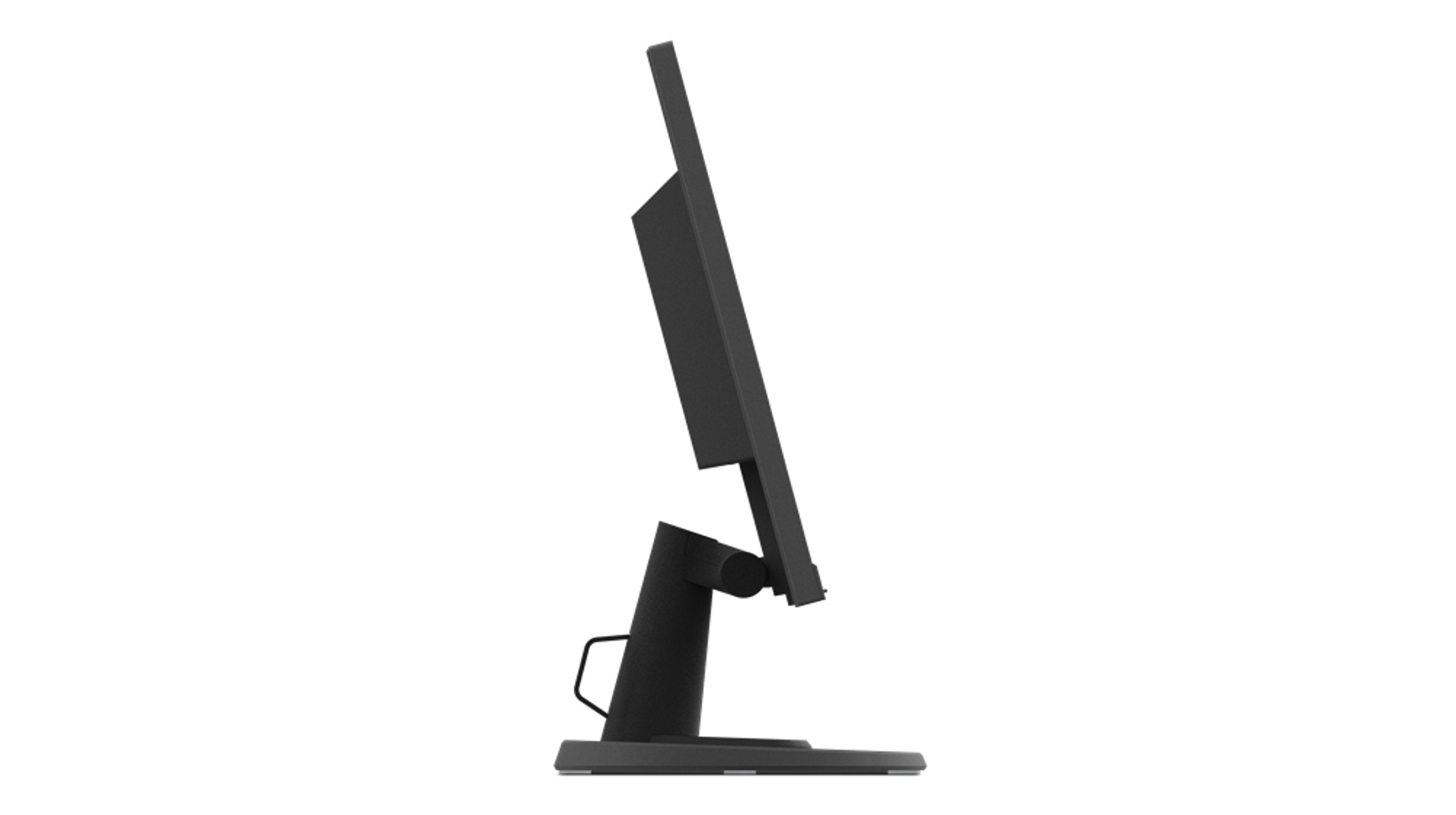 Schwarzer Lenovo-Monitor von der Seite auf weißem Hintergrund.