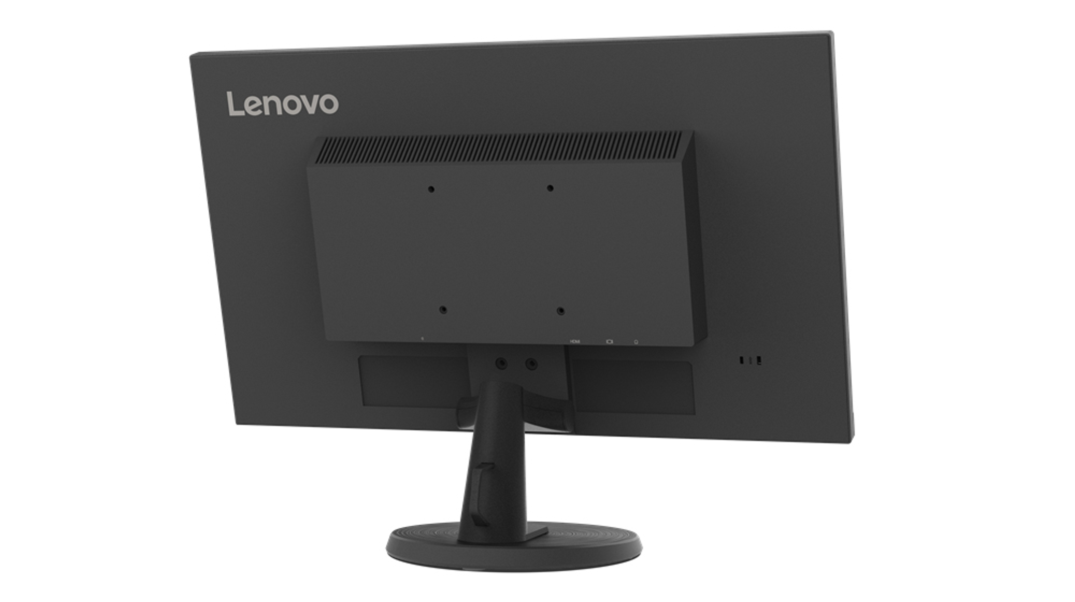 Die Rückseite eines schwarzen Lenovo-Computermonitors mit Ständer. Anschlüsse sind sichtbar.