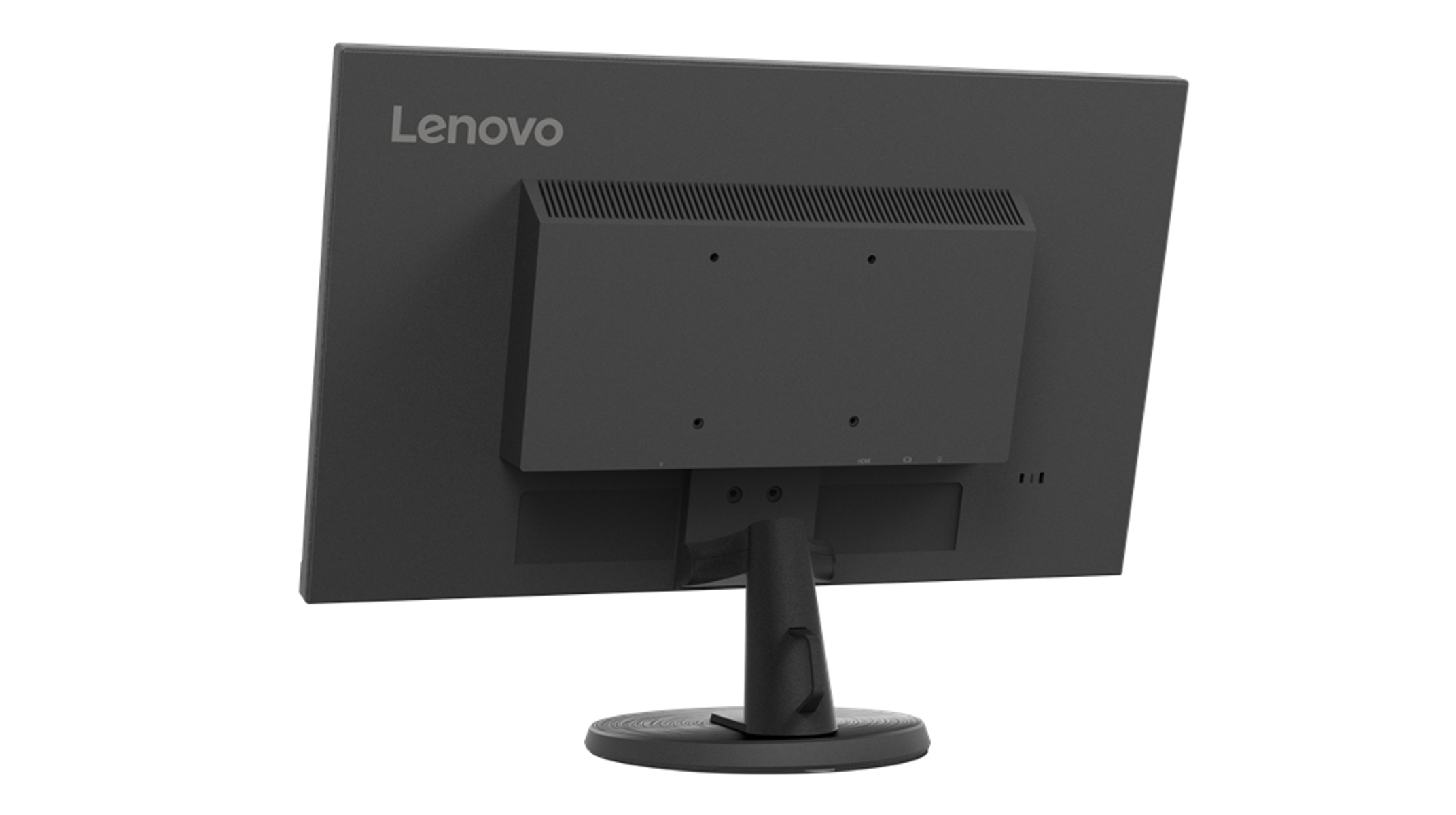 Lenovo Monitor Rückansicht, schwarz, mit Ständer und Befestigungslöchern.